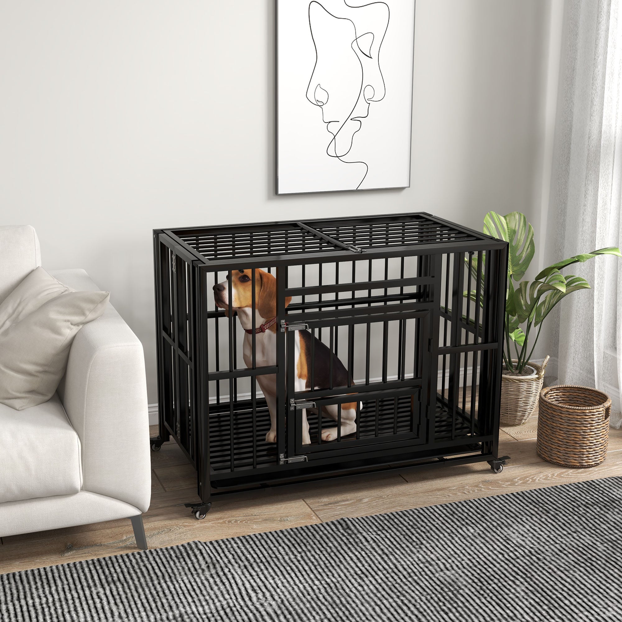37" Heavy Duty Dog Crate, Foldable Dog Cage on Wheels with Double Locks, Removable Tray, Openable Top, Double Doors, Indoor Outdoor Use, for Small and Medium Dogs - Black-DECOROLALA