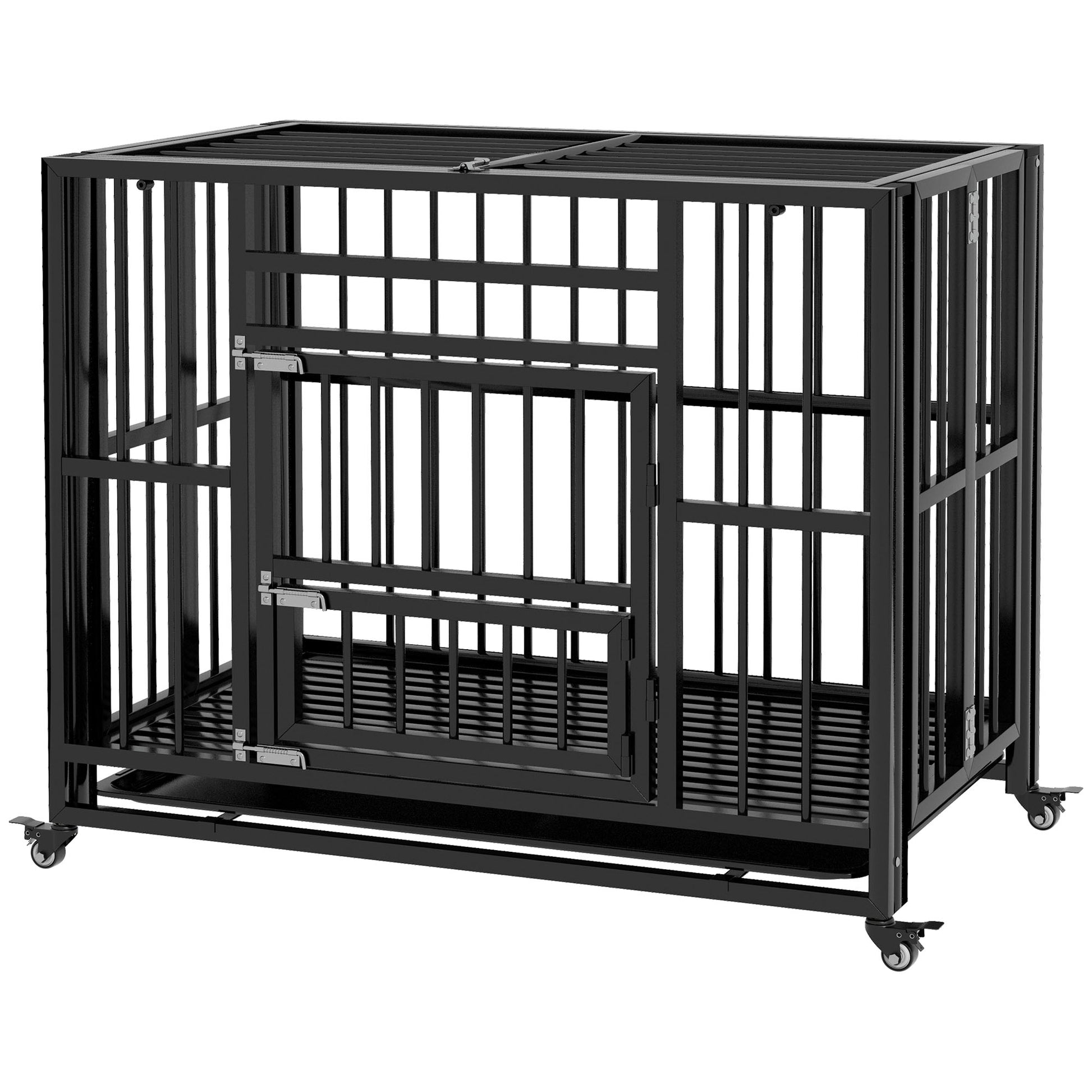 37" Heavy Duty Dog Crate, Foldable Dog Cage on Wheels with Double Locks, Removable Tray, Openable Top, Double Doors, Indoor Outdoor Use, for Small and Medium Dogs - Black-DECOROLALA