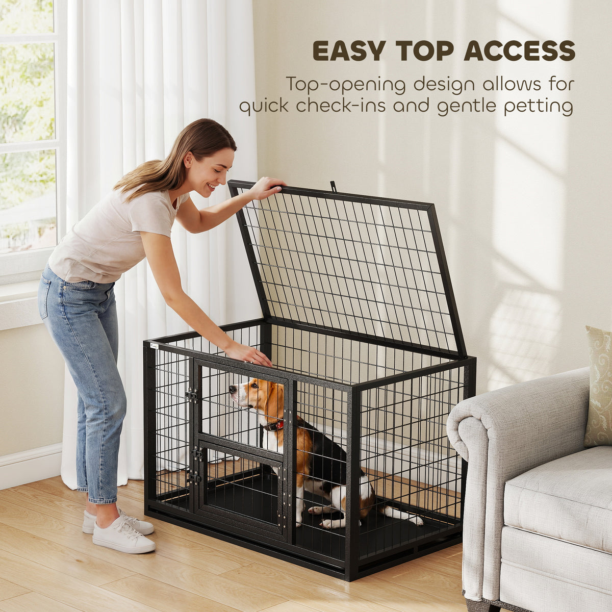 37" Heavy Duty Metal Dog Crate - 3-Door Kennel with Tray, Black-Dogs-DECOROLALA
