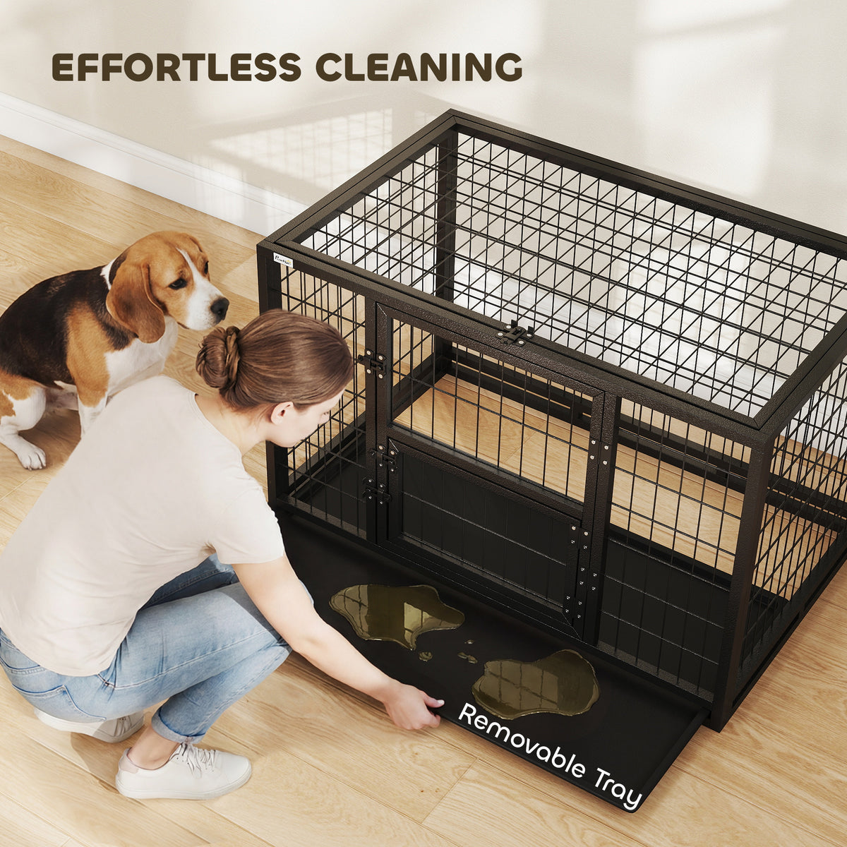 37" Heavy Duty Metal Dog Crate - 3-Door Kennel with Tray, Black-Dogs-DECOROLALA