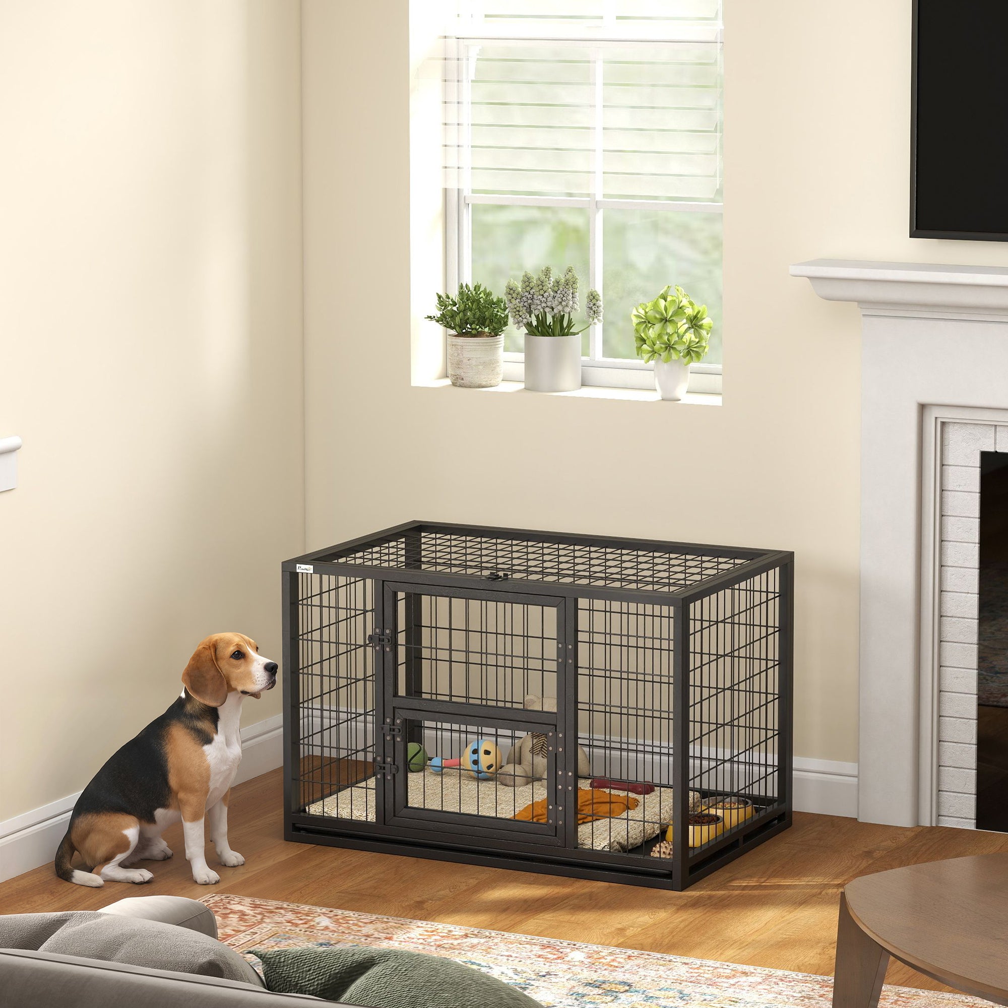 37" Heavy Duty Metal Dog Crate - 3-Door Kennel with Tray, Black-Dogs-DECOROLALA