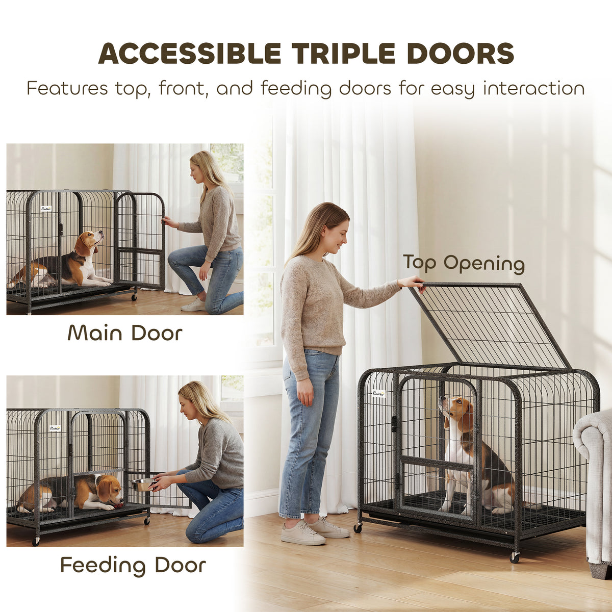37" Heavy Duty Steel Dog Crate with Wheels and Tray - Black-Dogs-DECOROLALA