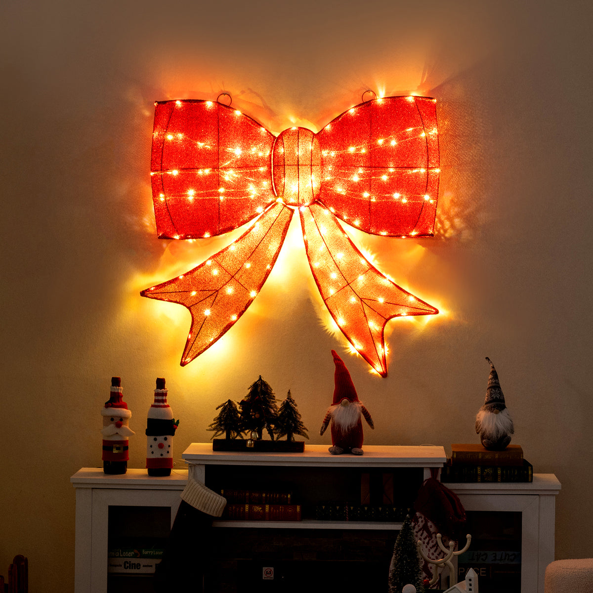 37 Inch Lighted Christmas Bow Decoration with Warm White LED Lights-Christmas Decorations & Accessories-DECOROLALA