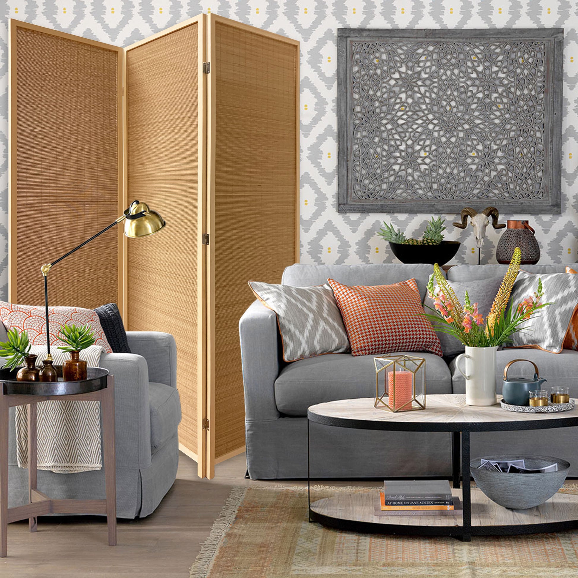 6" Light Bamboo 3 Panel Room Divider Screen-Room Dividers-DECOROLALA