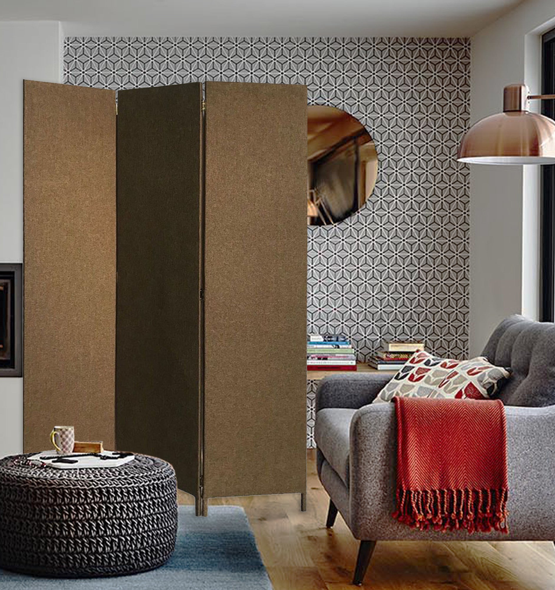 Brown Upholstered 3 Panel Room Divider Screen-Room Dividers-DECOROLALA