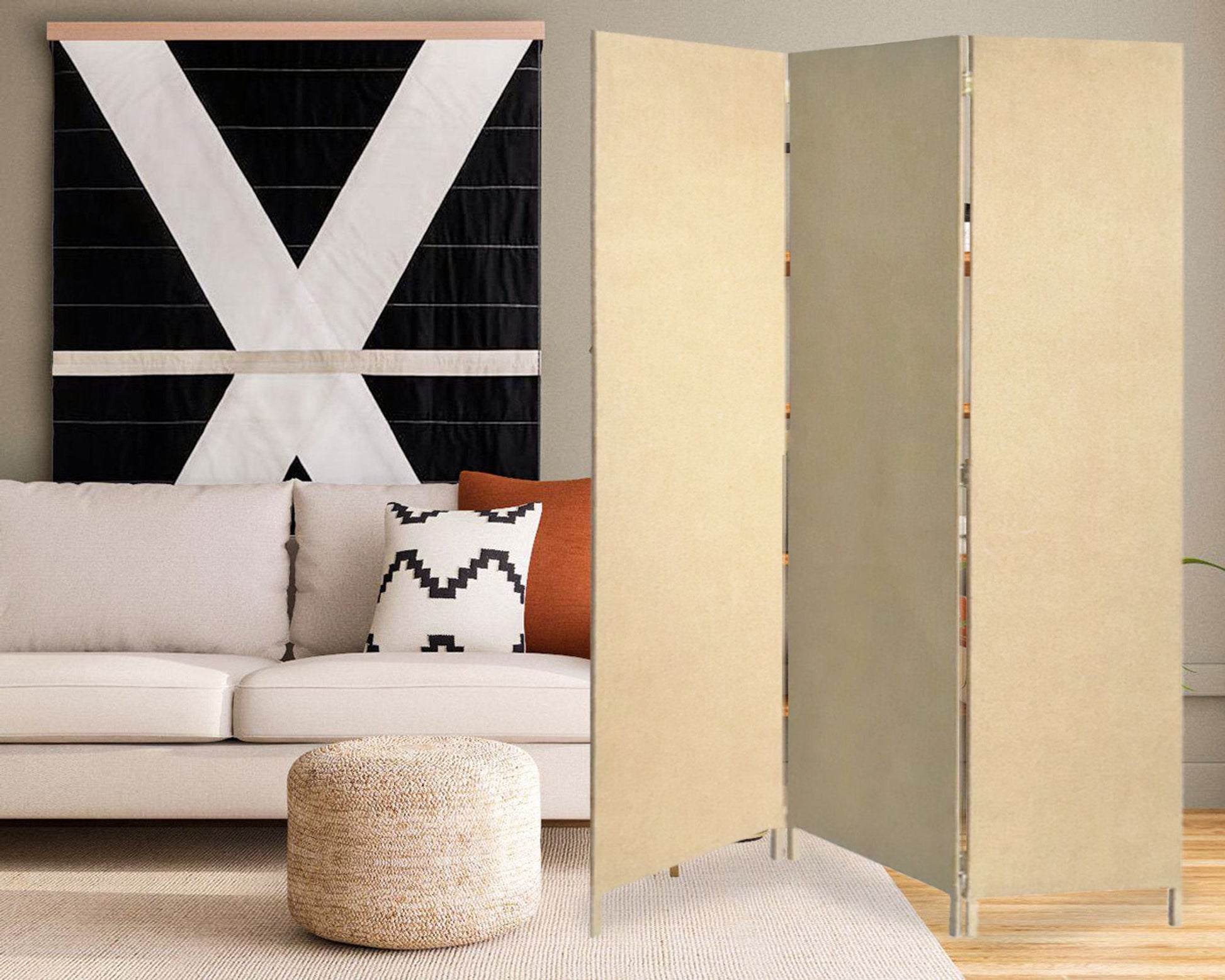 Beige Upholstered 3 Panel Room Divider Screen-Room Dividers-DECOROLALA