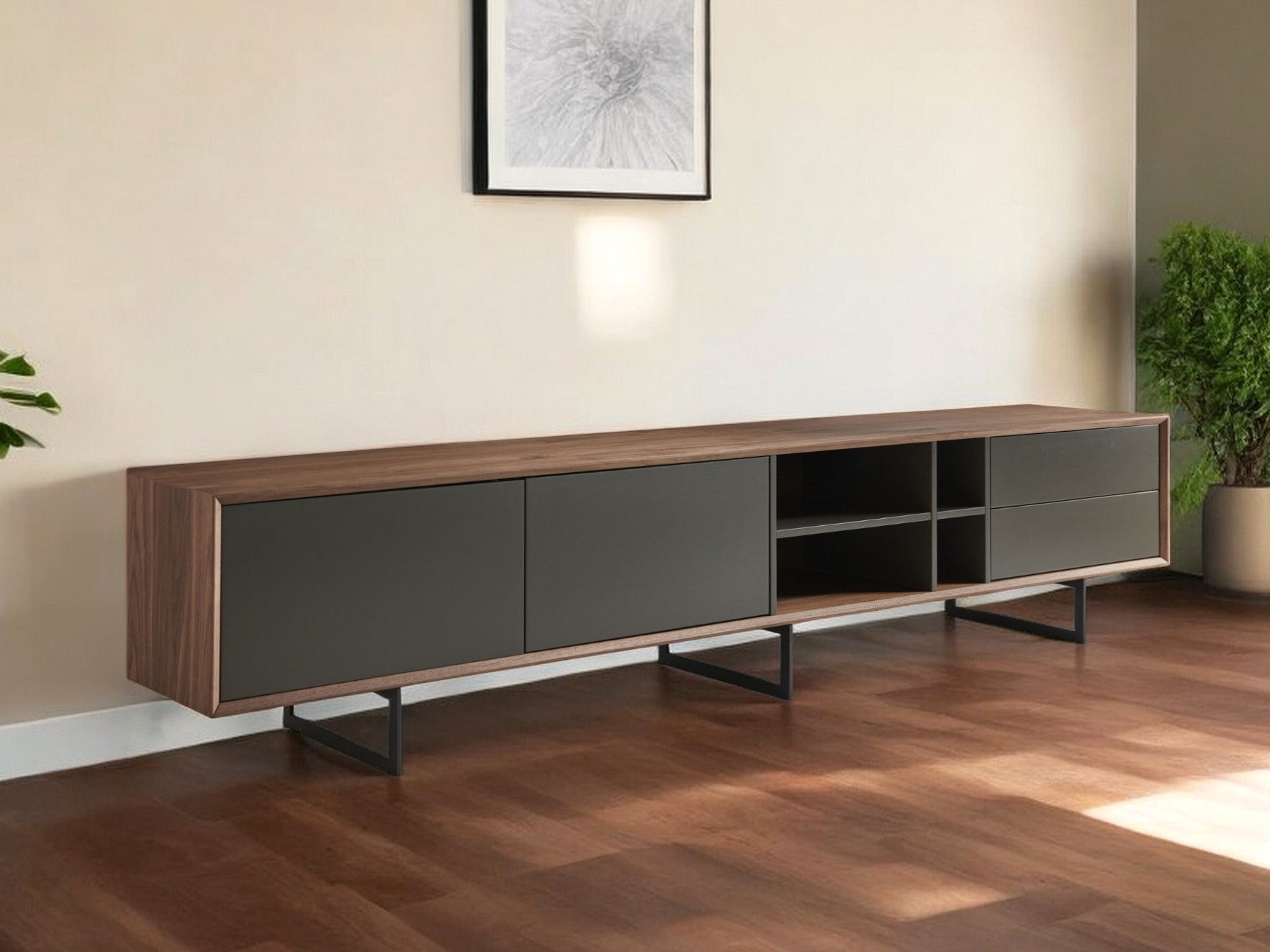 94" Gray Solid and Manufactured Wood Enclosed and Open Storage TV Stand-0