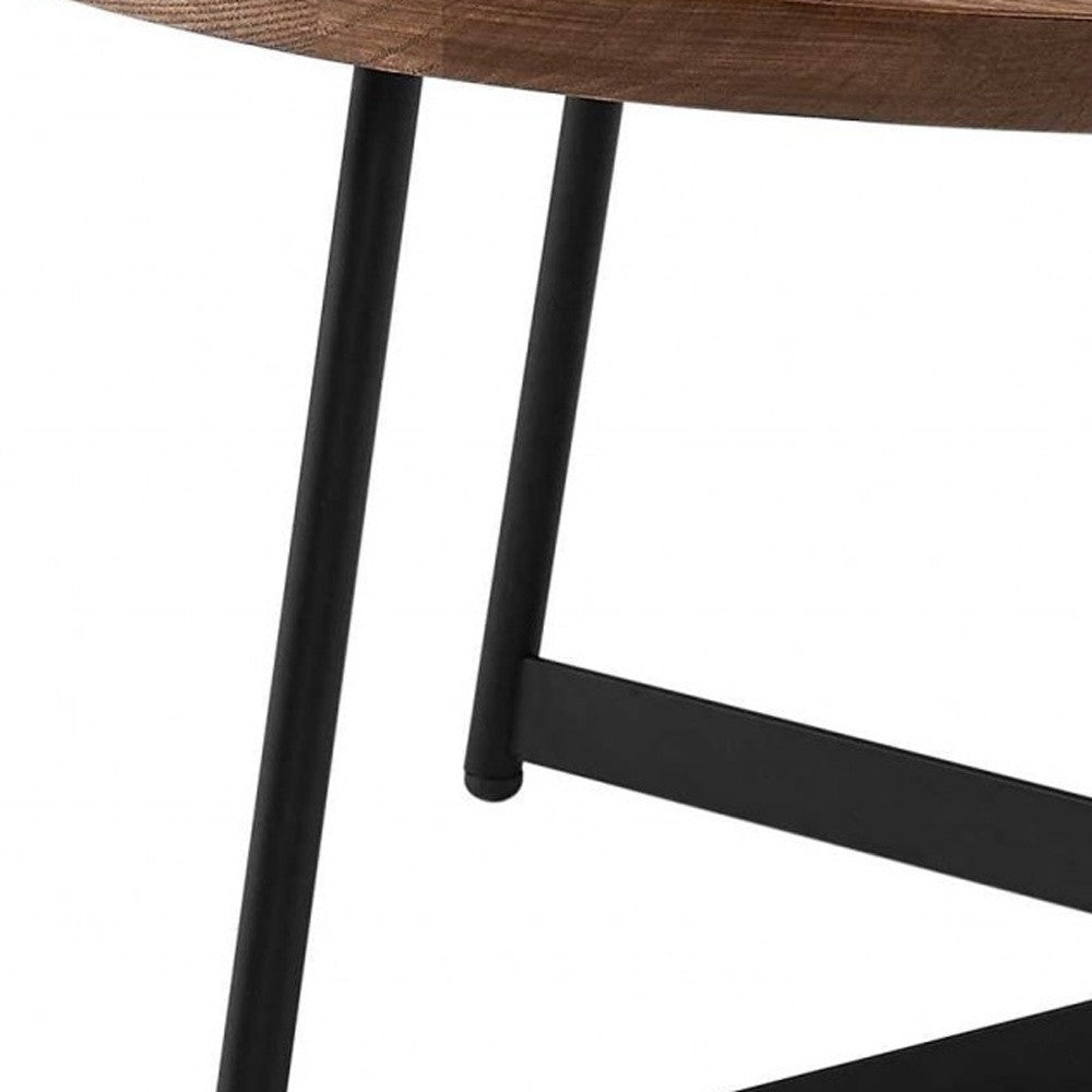 35" Brown and Black Wood And Metal Round Frame Coffee Table-Coffee Tables-DECOROLALA