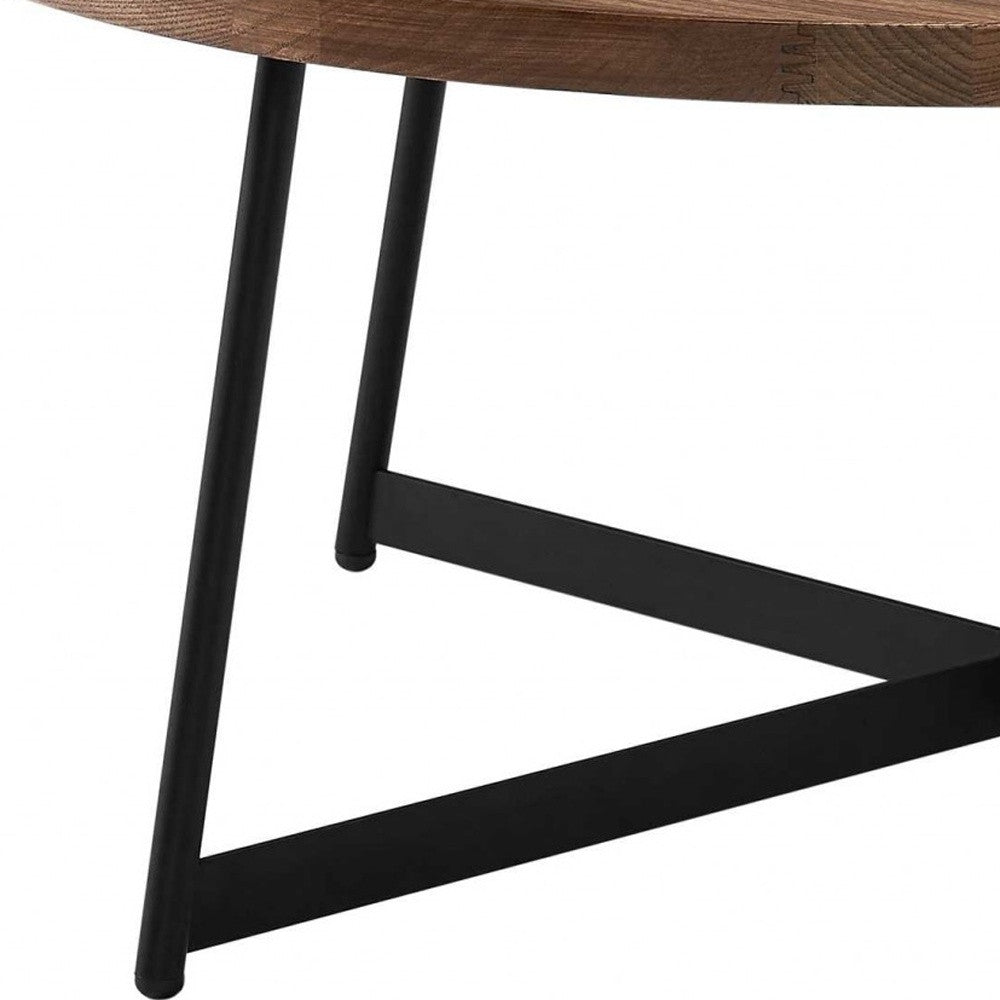 35" Brown and Black Wood And Metal Round Frame Coffee Table-Coffee Tables-DECOROLALA