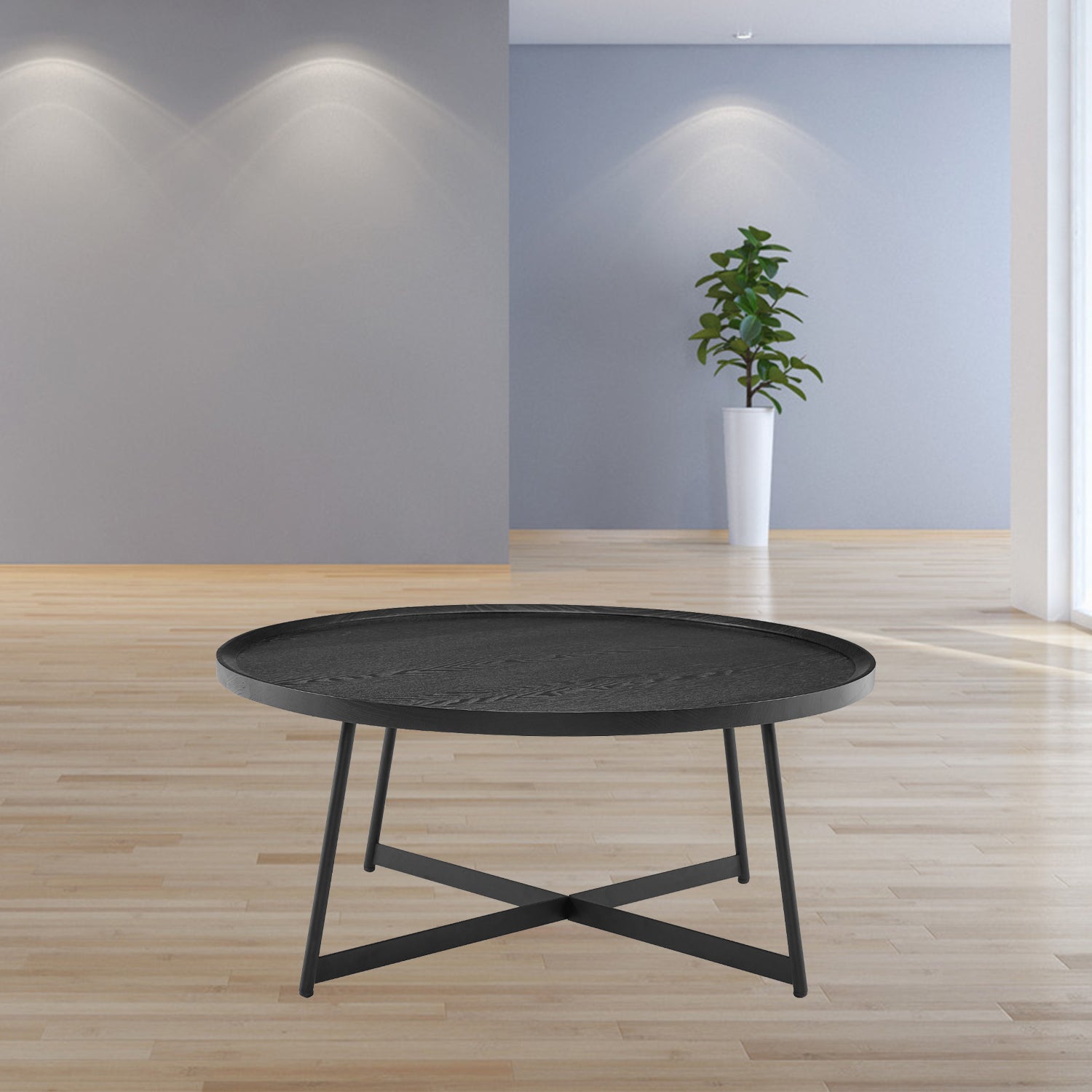 35" Black Wood And Metal Round Frame Coffee Table-Coffee Tables-DECOROLALA