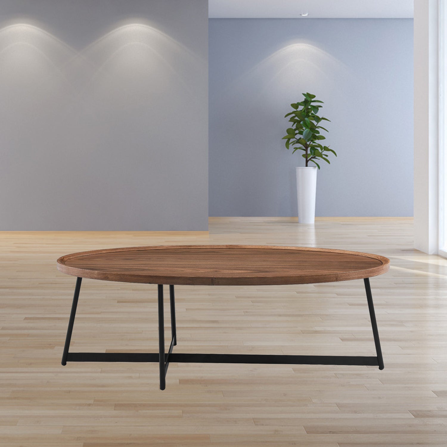 24" Brown and Black Wood And Metal Oval Frame Coffee Table-6