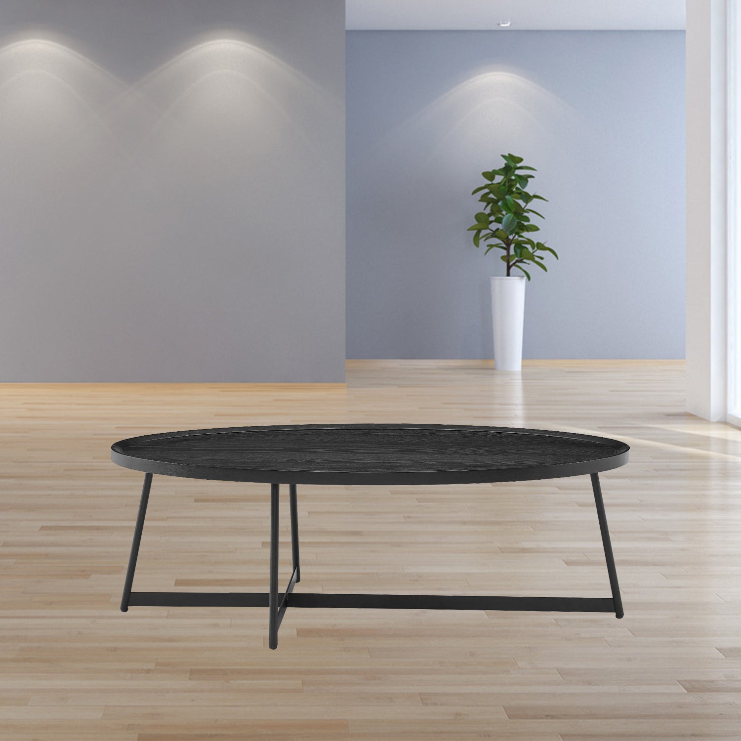 47" Black Wood And Metal Oval Frame Coffee Table-Coffee Tables-DECOROLALA