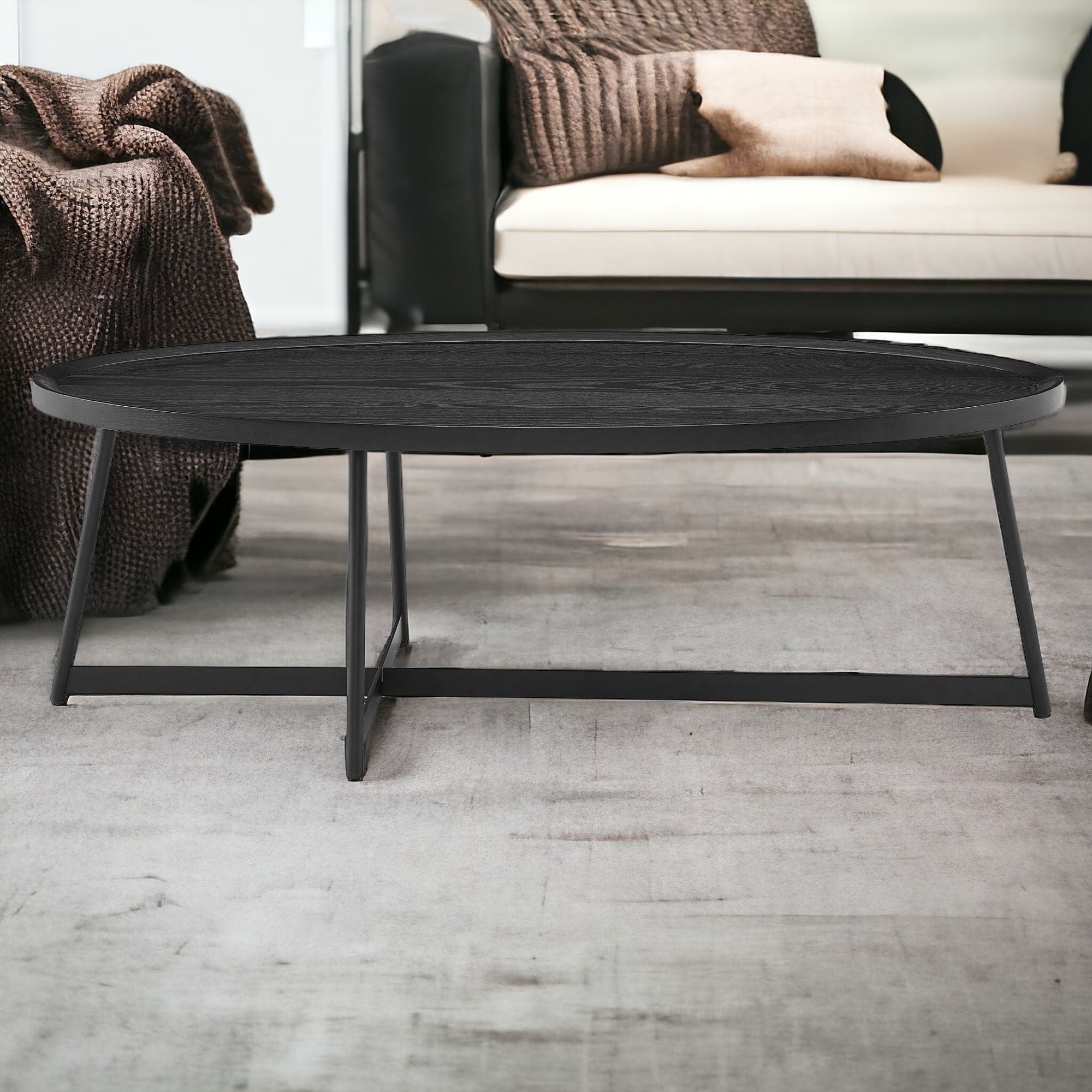 47" Black Wood And Metal Oval Frame Coffee Table-Coffee Tables-DECOROLALA