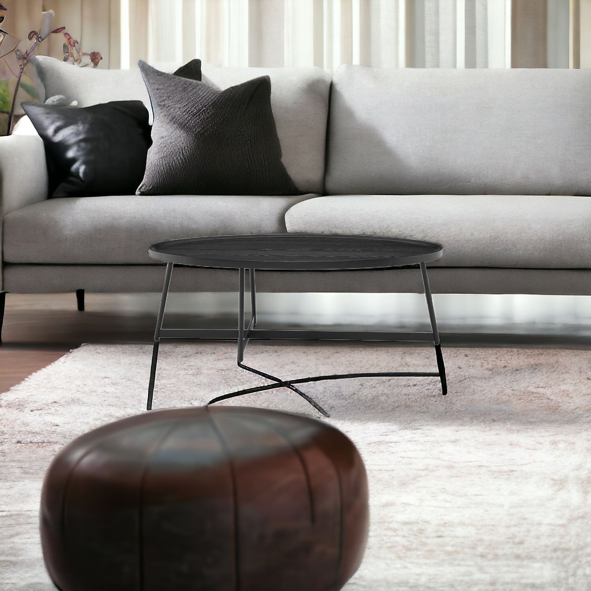 47" Black Wood And Metal Oval Frame Coffee Table-Coffee Tables-DECOROLALA
