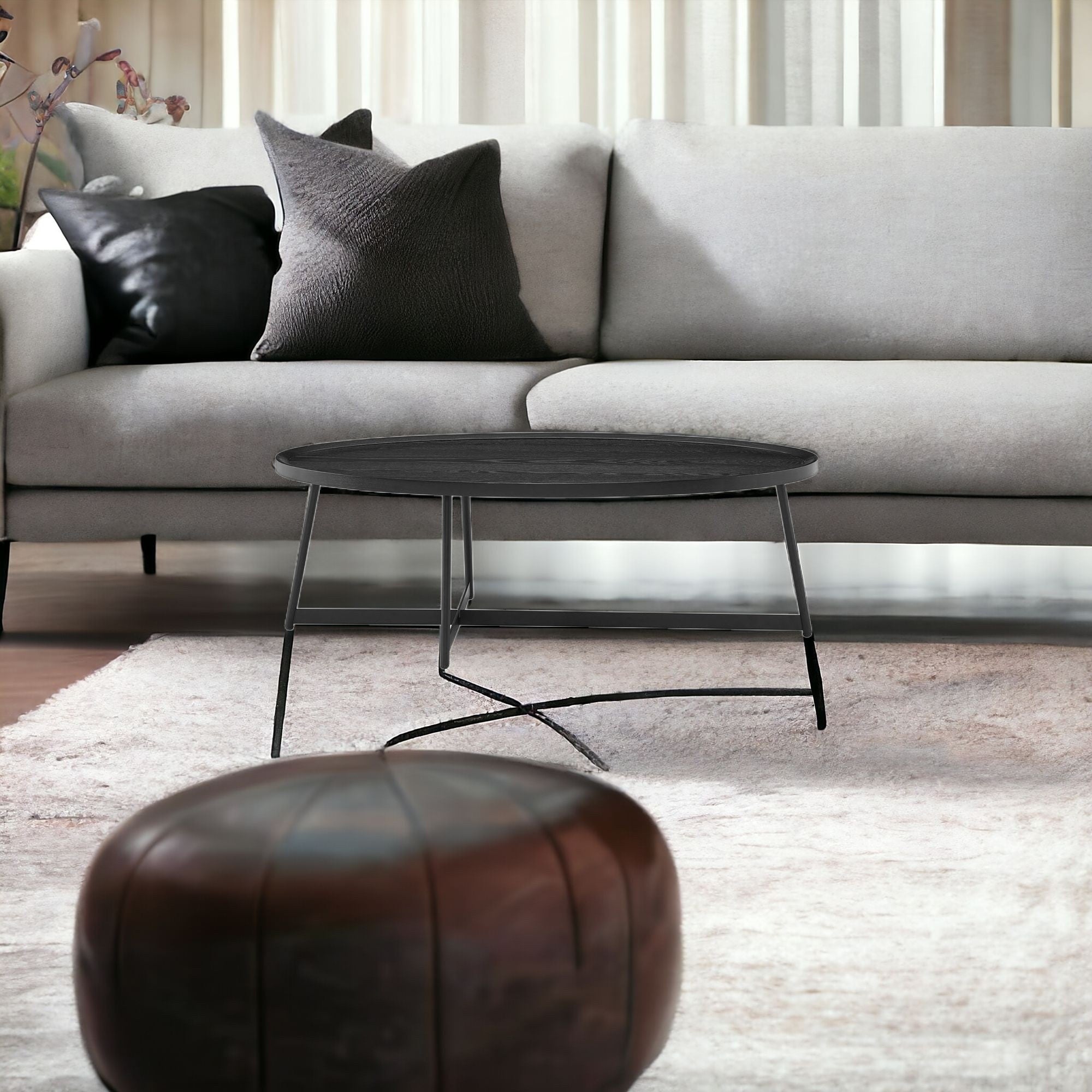 47" Black Wood And Metal Oval Frame Coffee Table-Coffee Tables-DECOROLALA