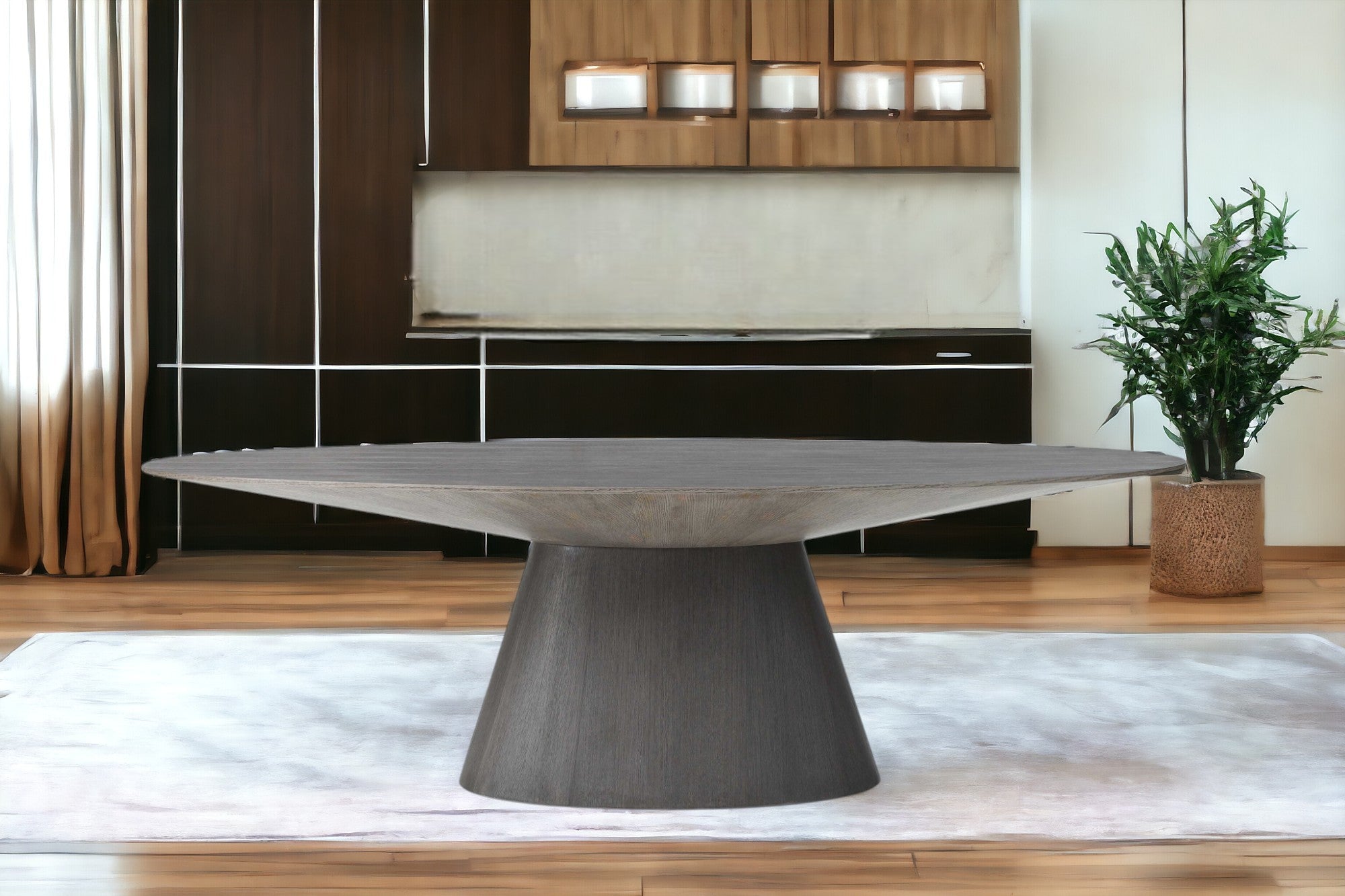 95" Gray Rounded Solid Wood Pedestal Base Dining Table-Dining Tables-DECOROLALA
