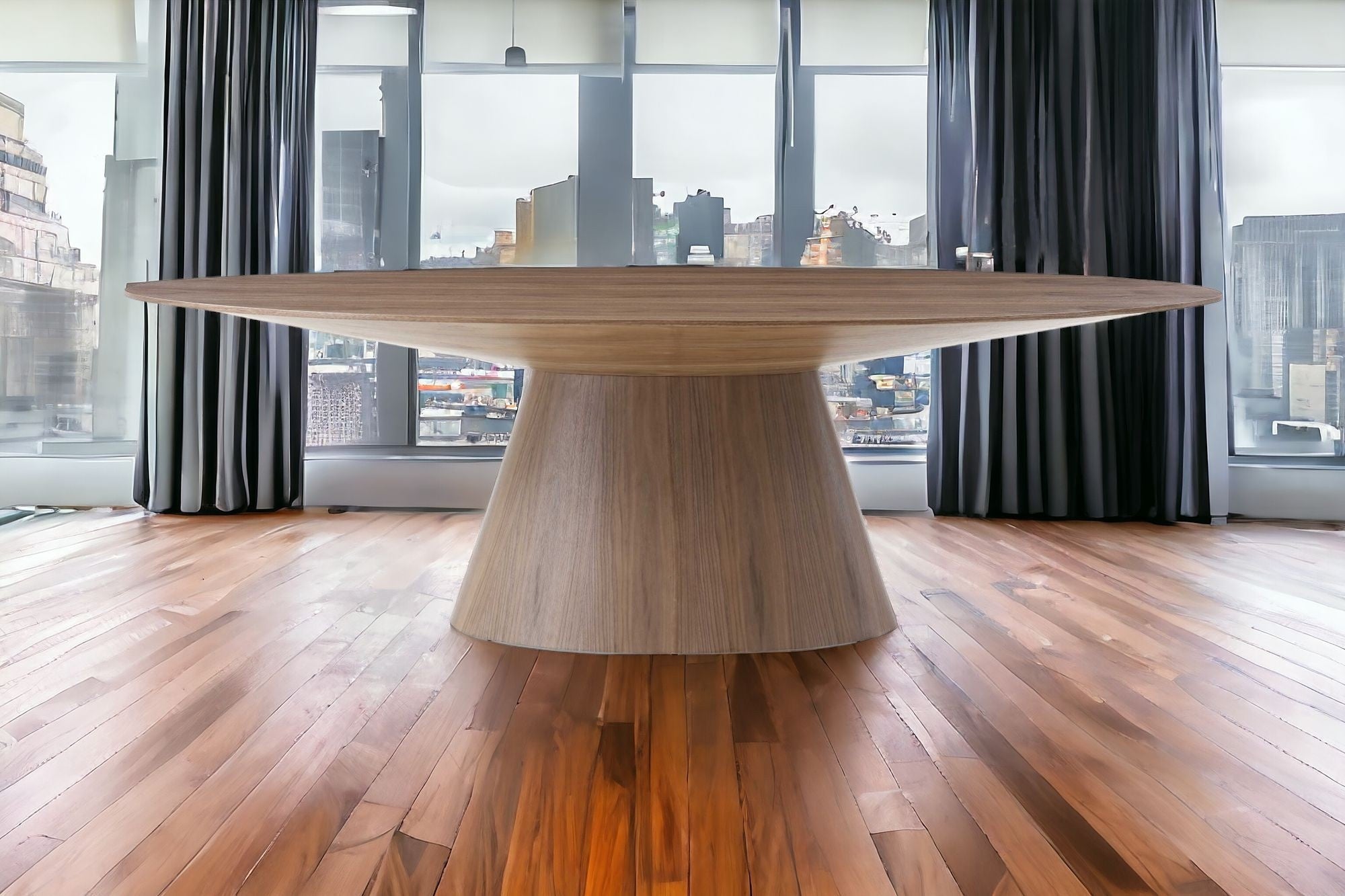 95" Brown Oval Solid Wood Pedestal Base Dining Table-Dining Tables-DECOROLALA
