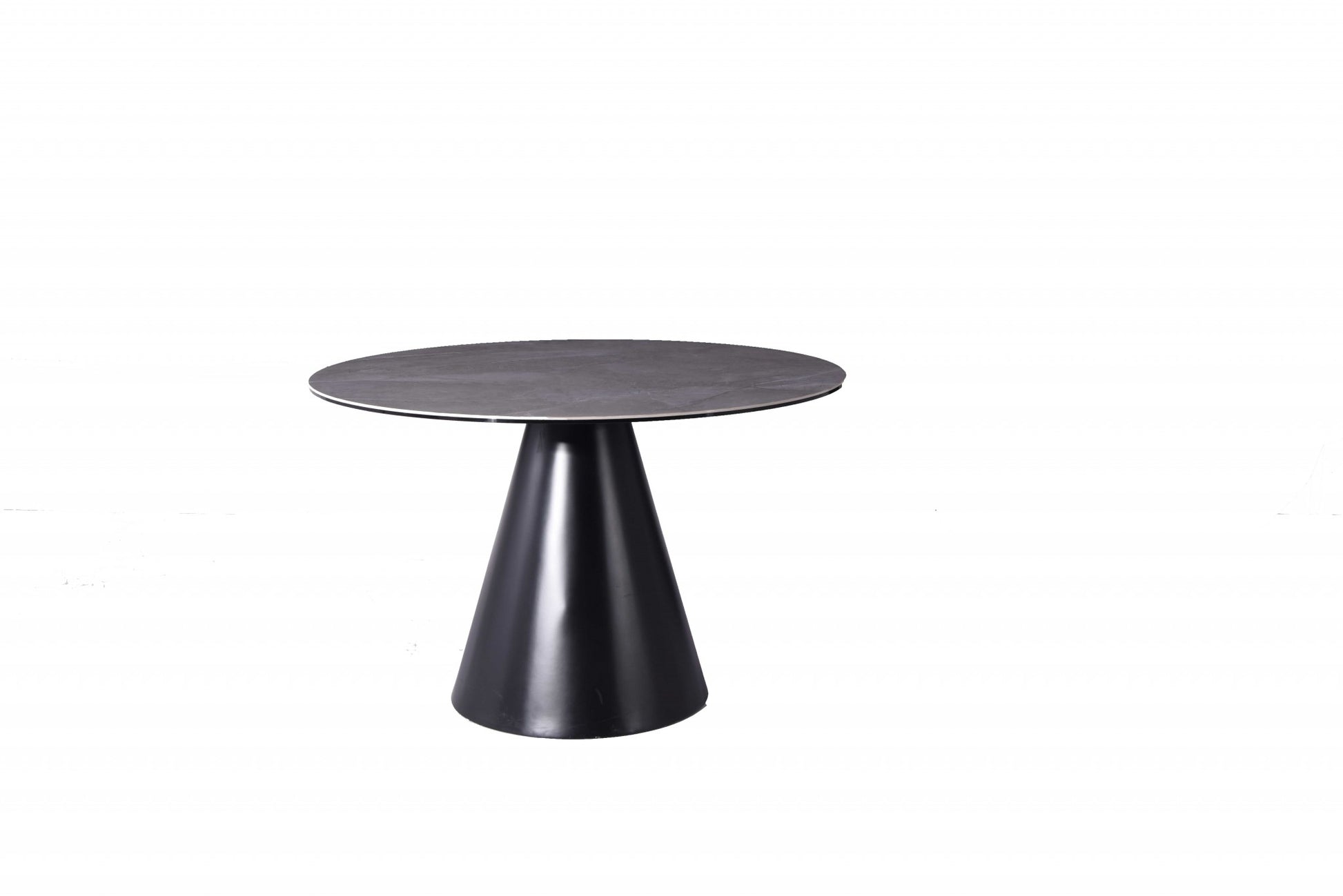 47" Gray Rounded Stone And Iron Pedestal Base Dining Table-Dining Tables-DECOROLALA