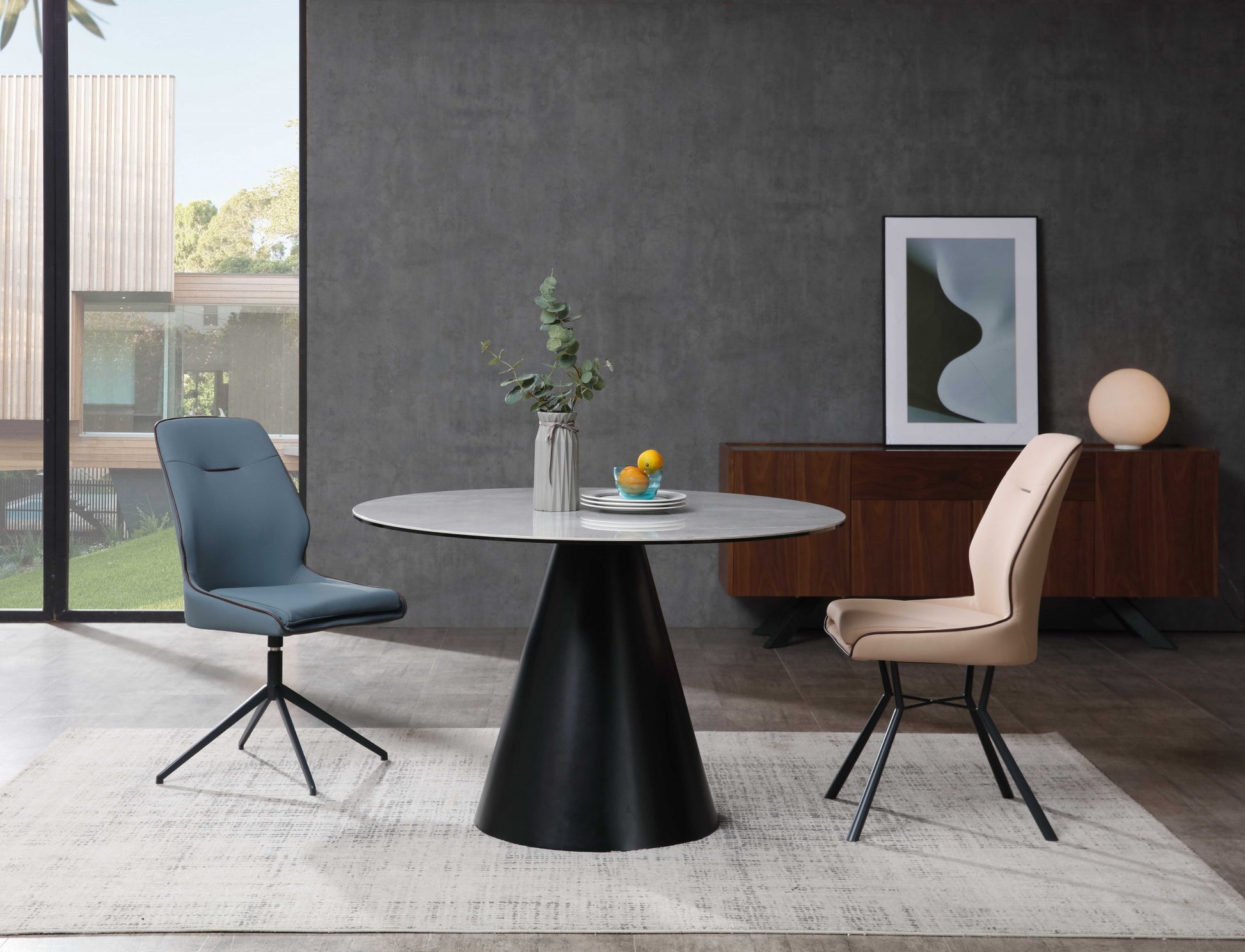 47" Gray Rounded Stone And Iron Pedestal Base Dining Table-Dining Tables-DECOROLALA