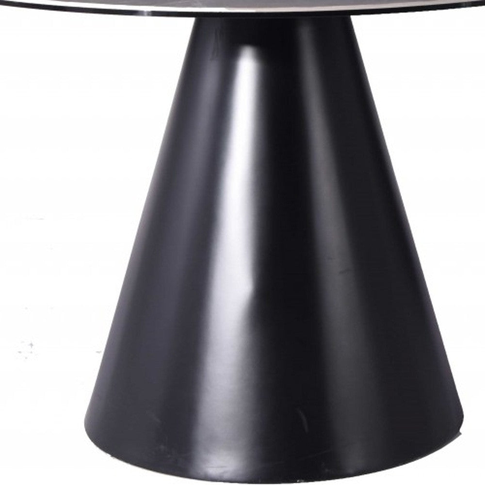 47" Gray Rounded Stone And Iron Pedestal Base Dining Table-Dining Tables-DECOROLALA
