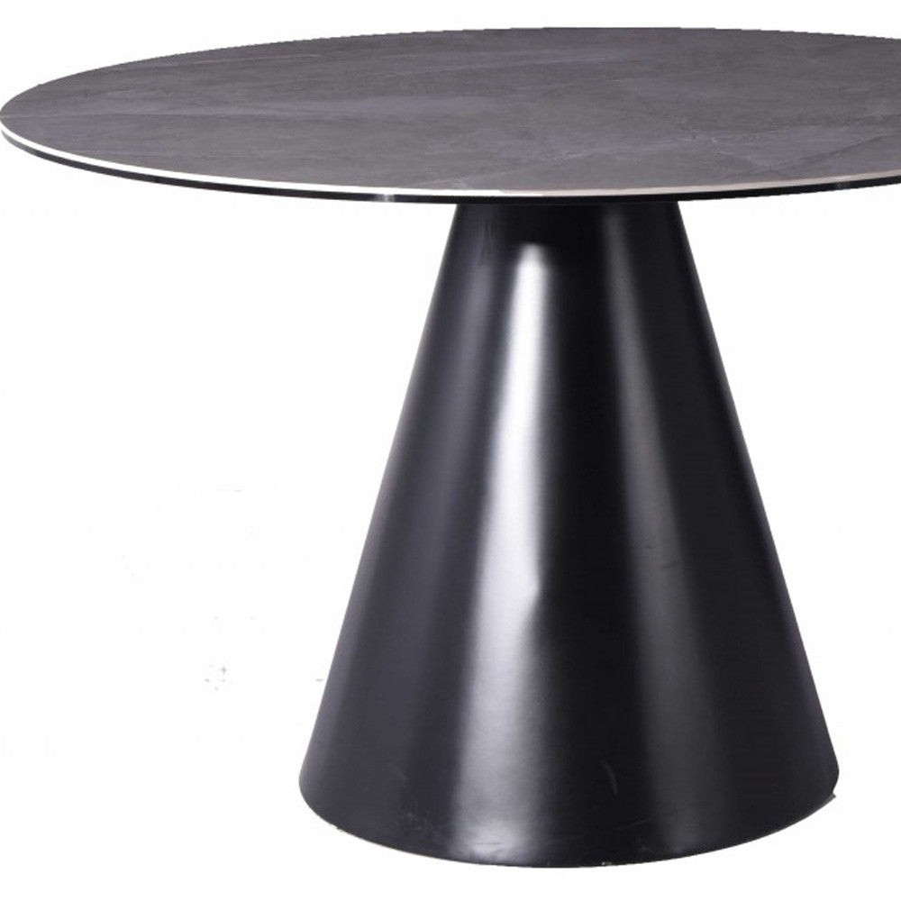 47" Gray Rounded Stone And Iron Pedestal Base Dining Table-Dining Tables-DECOROLALA