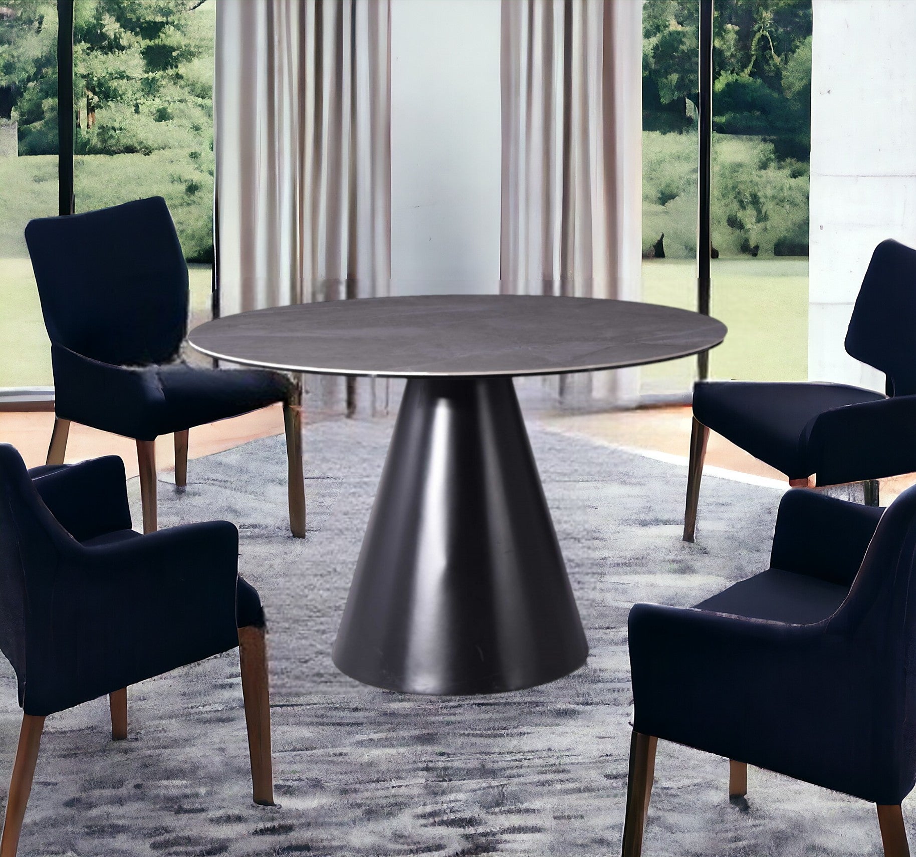 47" Gray Rounded Stone And Iron Pedestal Base Dining Table-Dining Tables-DECOROLALA