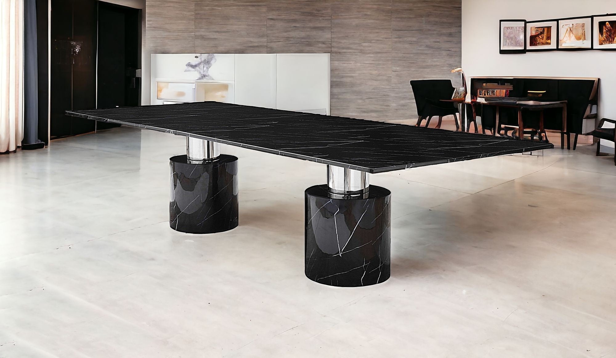 120" Black Marble Double Pedestal Base Dining Table-Dining Tables-DECOROLALA