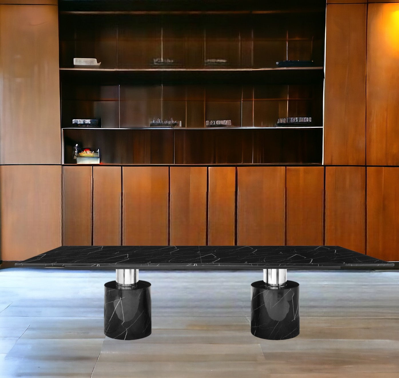 120" Black Marble Double Pedestal Base Dining Table-Dining Tables-DECOROLALA