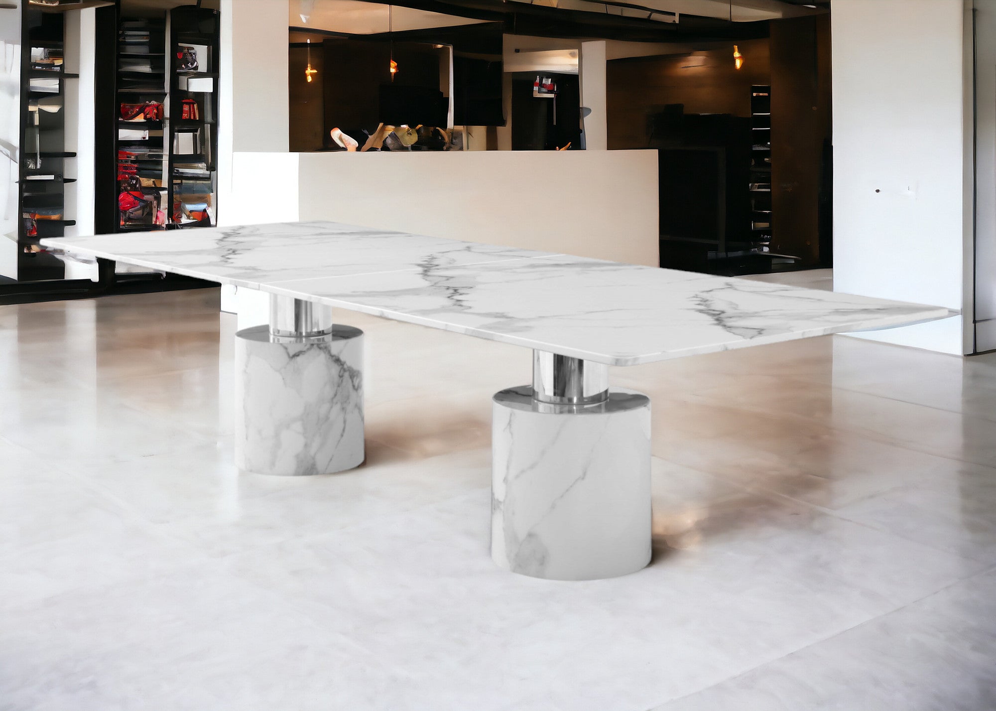120" White Marble Double Pedestal Base Dining Table-Dining Tables-DECOROLALA