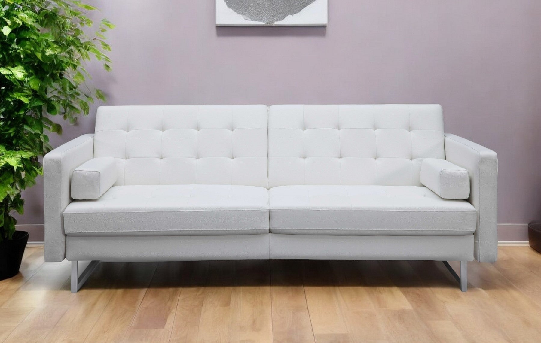 80" White Faux Leather Sleeper Sofa With Silver Legs-1
