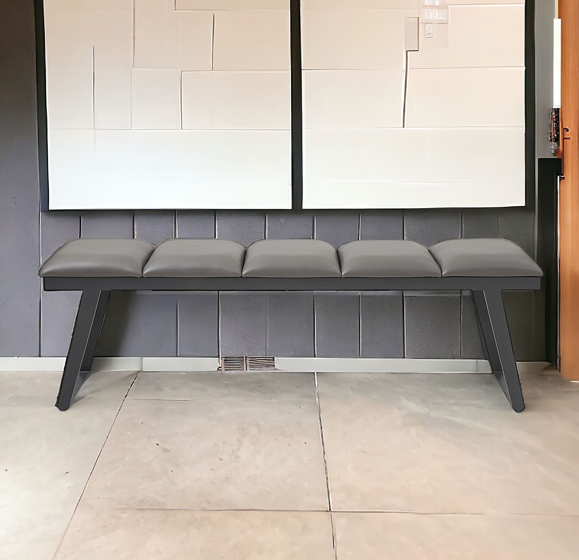57" Gray Upholstered Faux Leather Bench-Benches-DECOROLALA