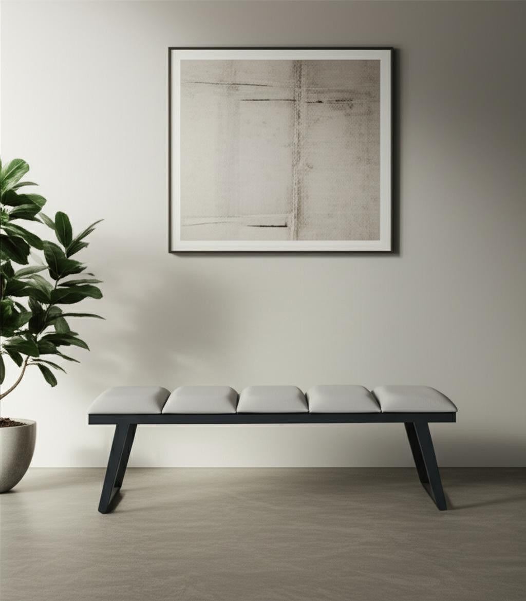 57" Light Gray and Black Upholstered Faux Leather Bench-Benches-DECOROLALA