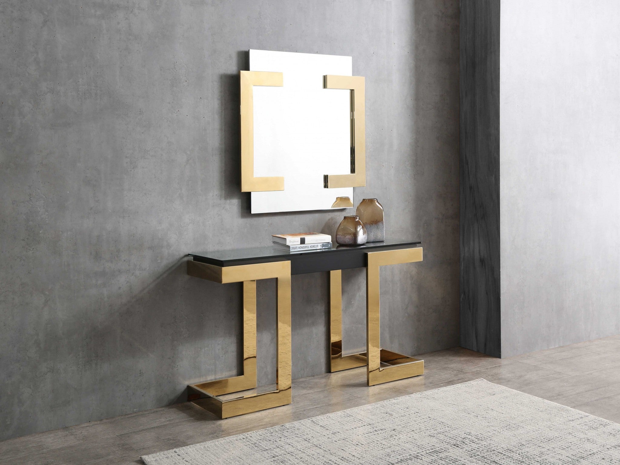 52" Black and Gold Glass Pedestal Console Table-Console Tables-DECOROLALA