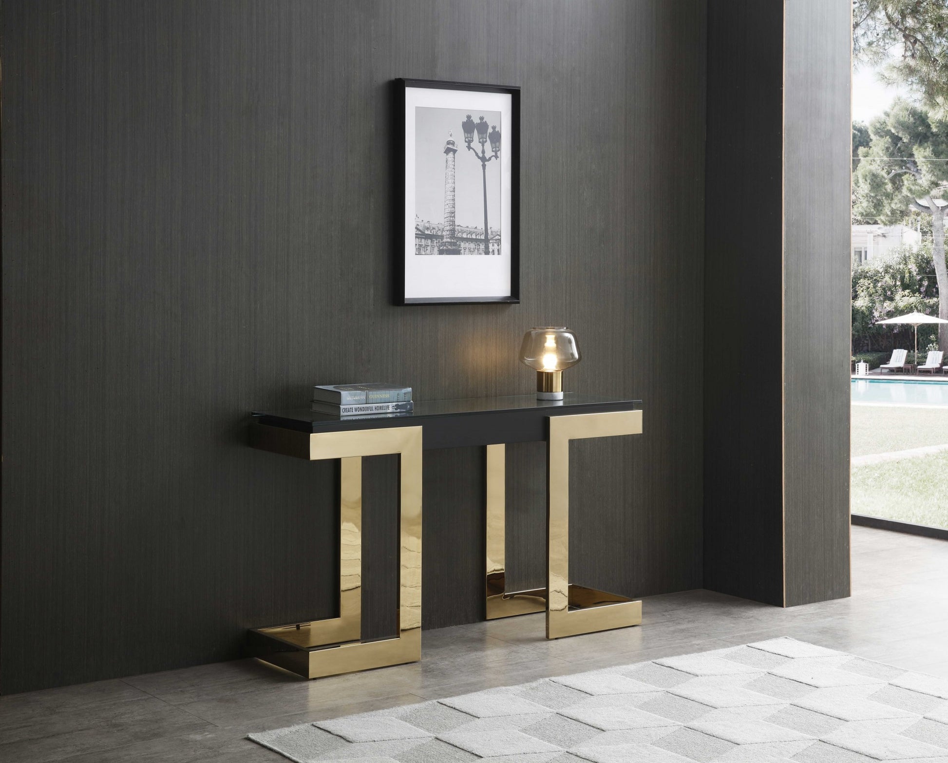 52" Black and Gold Glass Pedestal Console Table-Console Tables-DECOROLALA