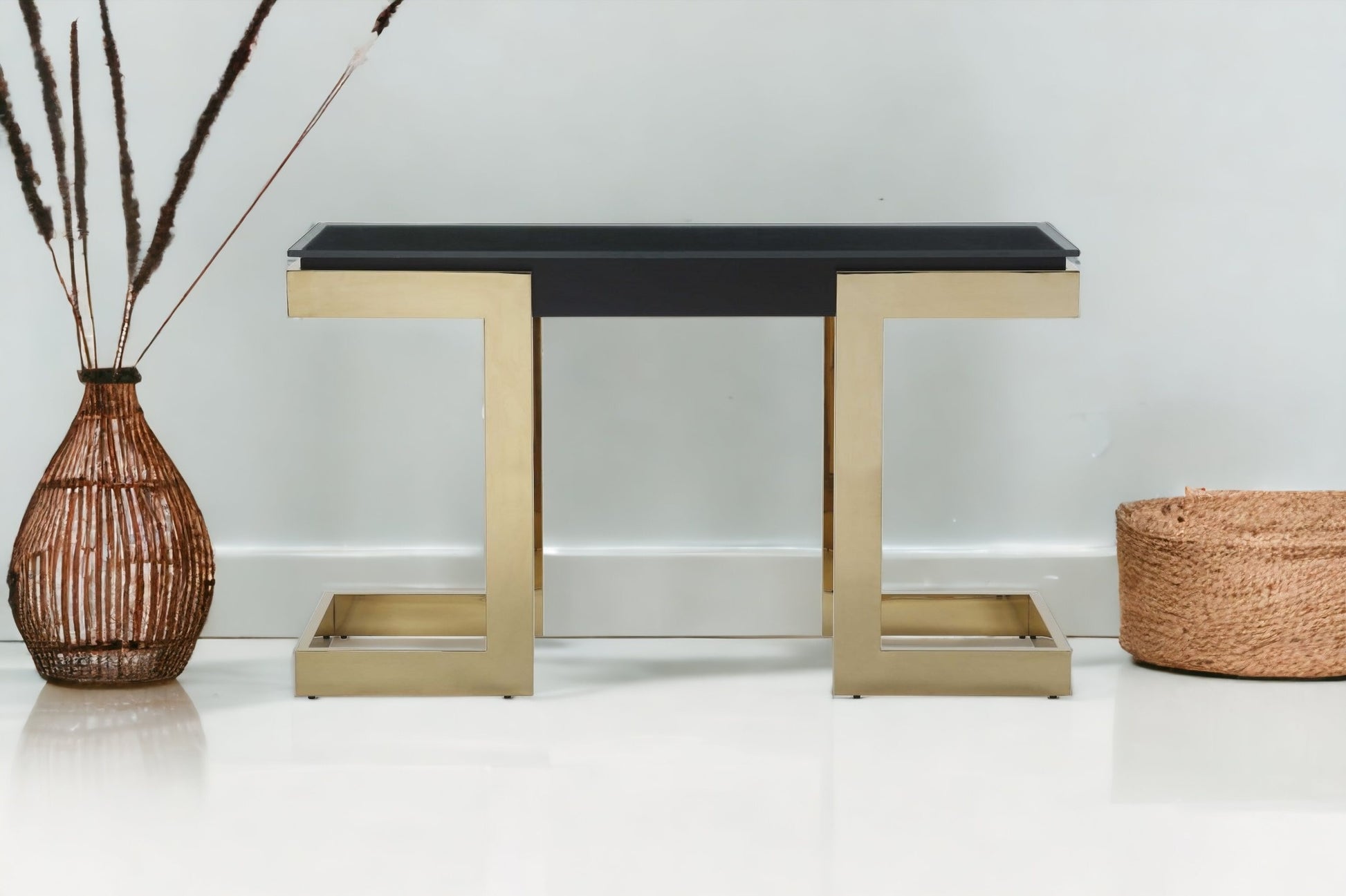 52" Black and Gold Glass Pedestal Console Table-Console Tables-DECOROLALA