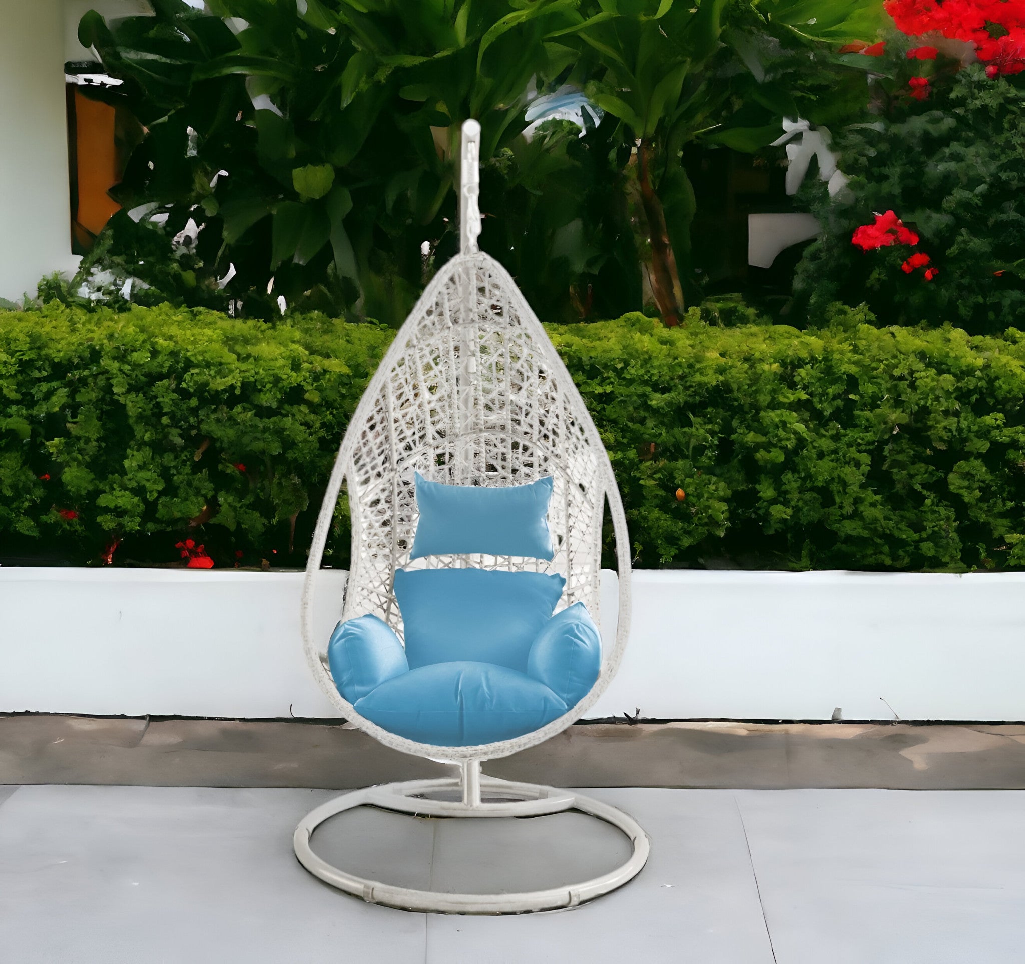 40" Blue and Steel stand finished Metal Outdoor Swing Chair with Blue Cushion-Outdoor Chairs-DECOROLALA