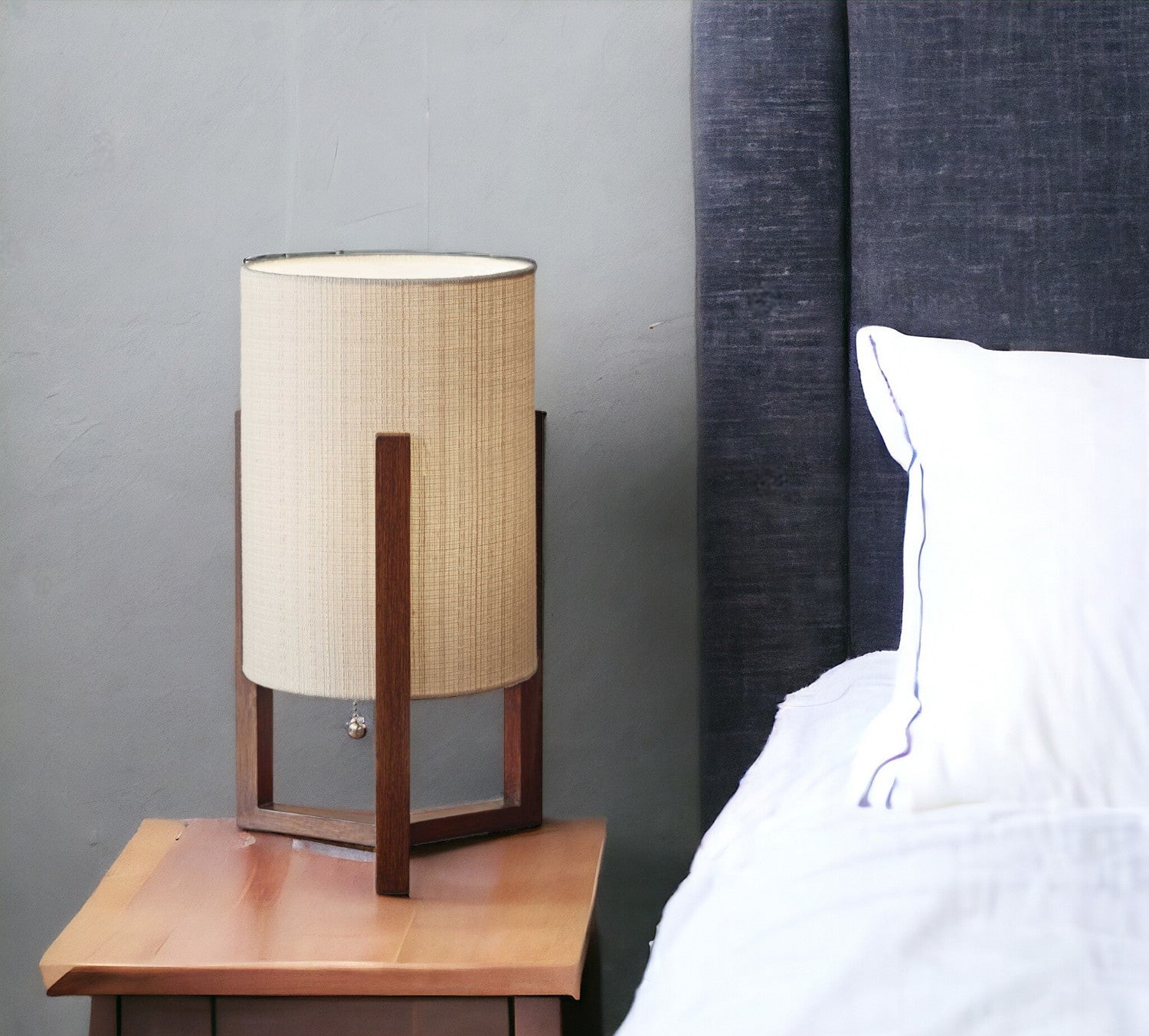 17" Brown Solid Wood Bedside Table Lamp With Natural Cylinder Shade-0