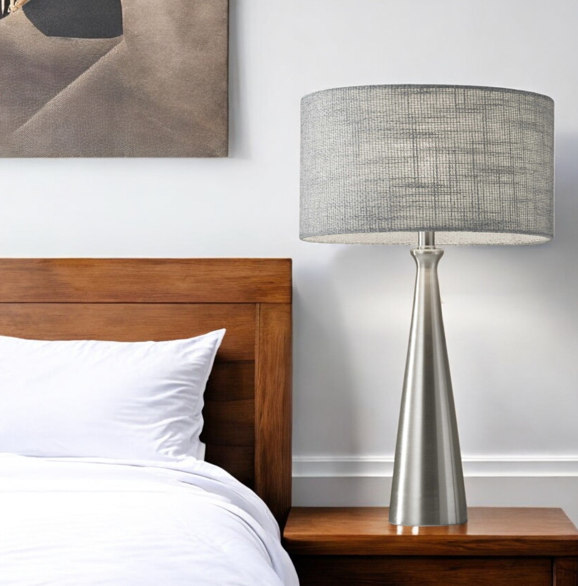 22" Silver Metal Table Lamp With Gray Drum Shade-0