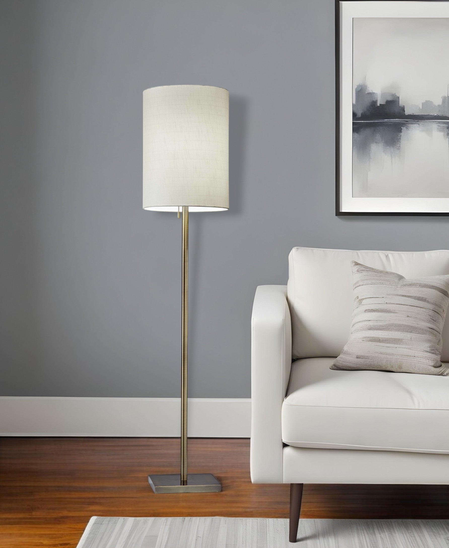 61" Brass Metal Floor Lamp With White Fabric Cylinder Shade-0