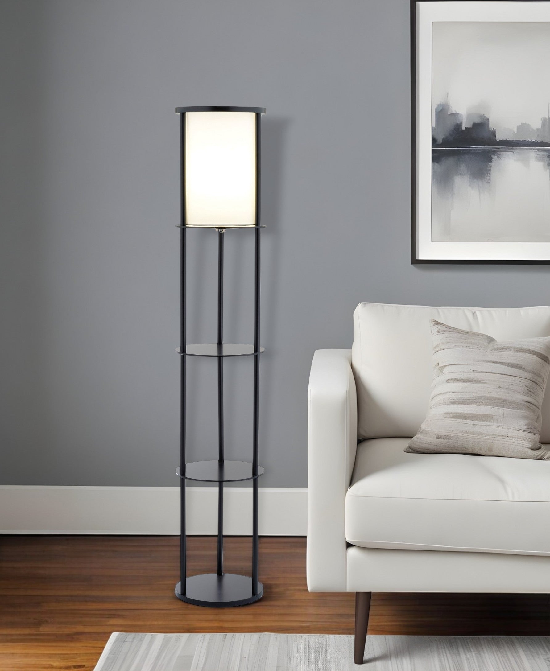 63" Black Wood Column Floor Lamp With White Fabric Cylinder Shade-Floor Lamps-DECOROLALA