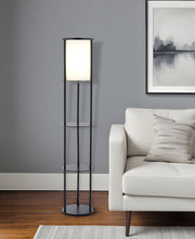 63" Black Wood Column Floor Lamp With White Fabric Cylinder Shade-Floor Lamps-DECOROLALA