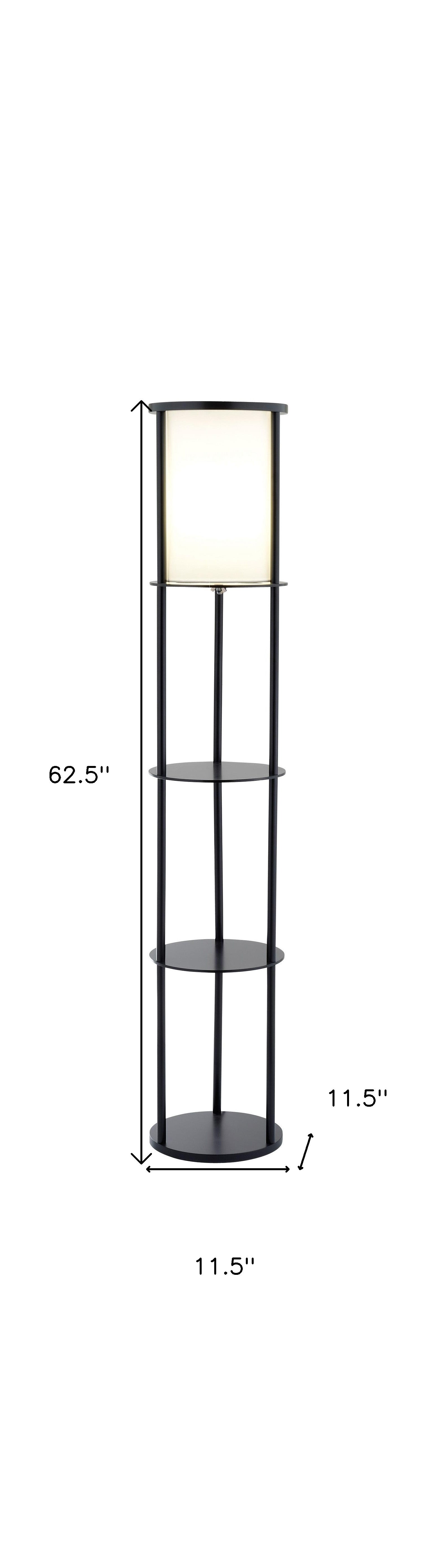 63" Black Wood Column Floor Lamp With White Fabric Cylinder Shade-Floor Lamps-DECOROLALA