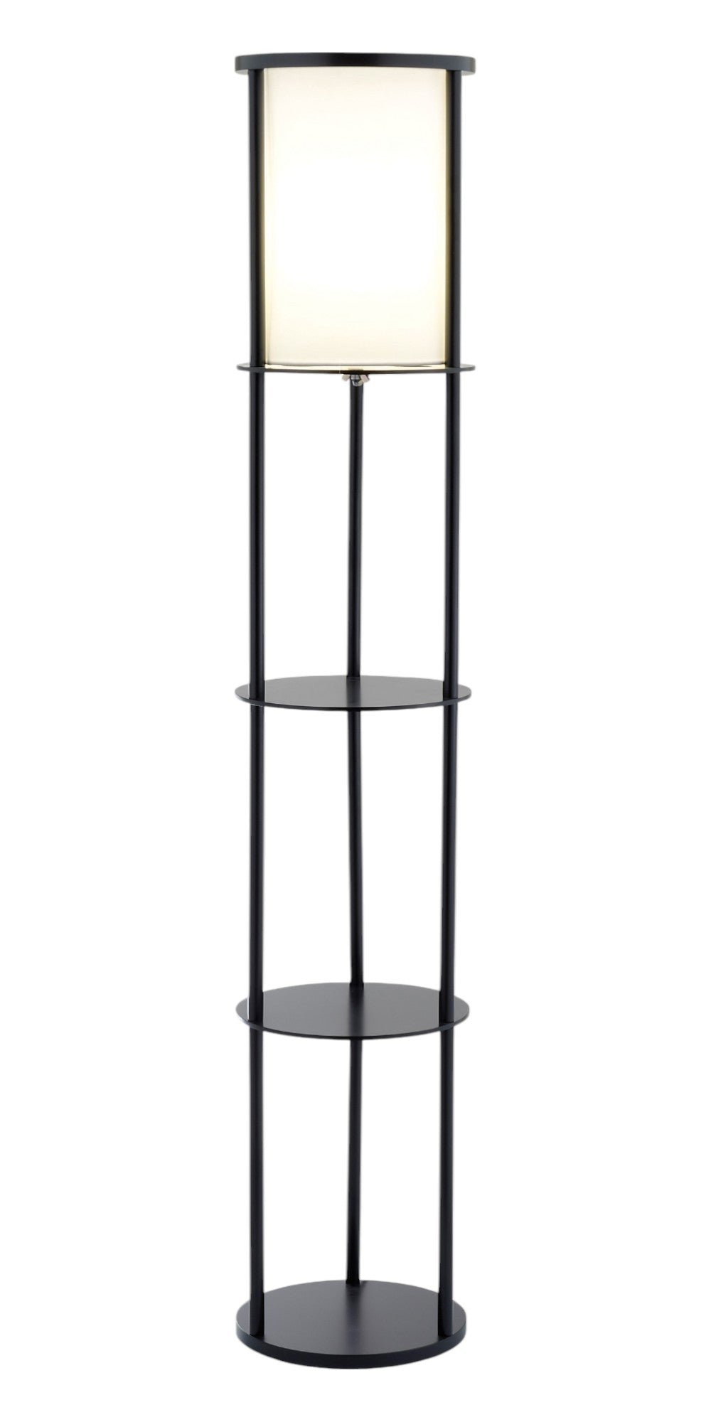 63" Black Wood Column Floor Lamp With White Fabric Cylinder Shade-Floor Lamps-DECOROLALA