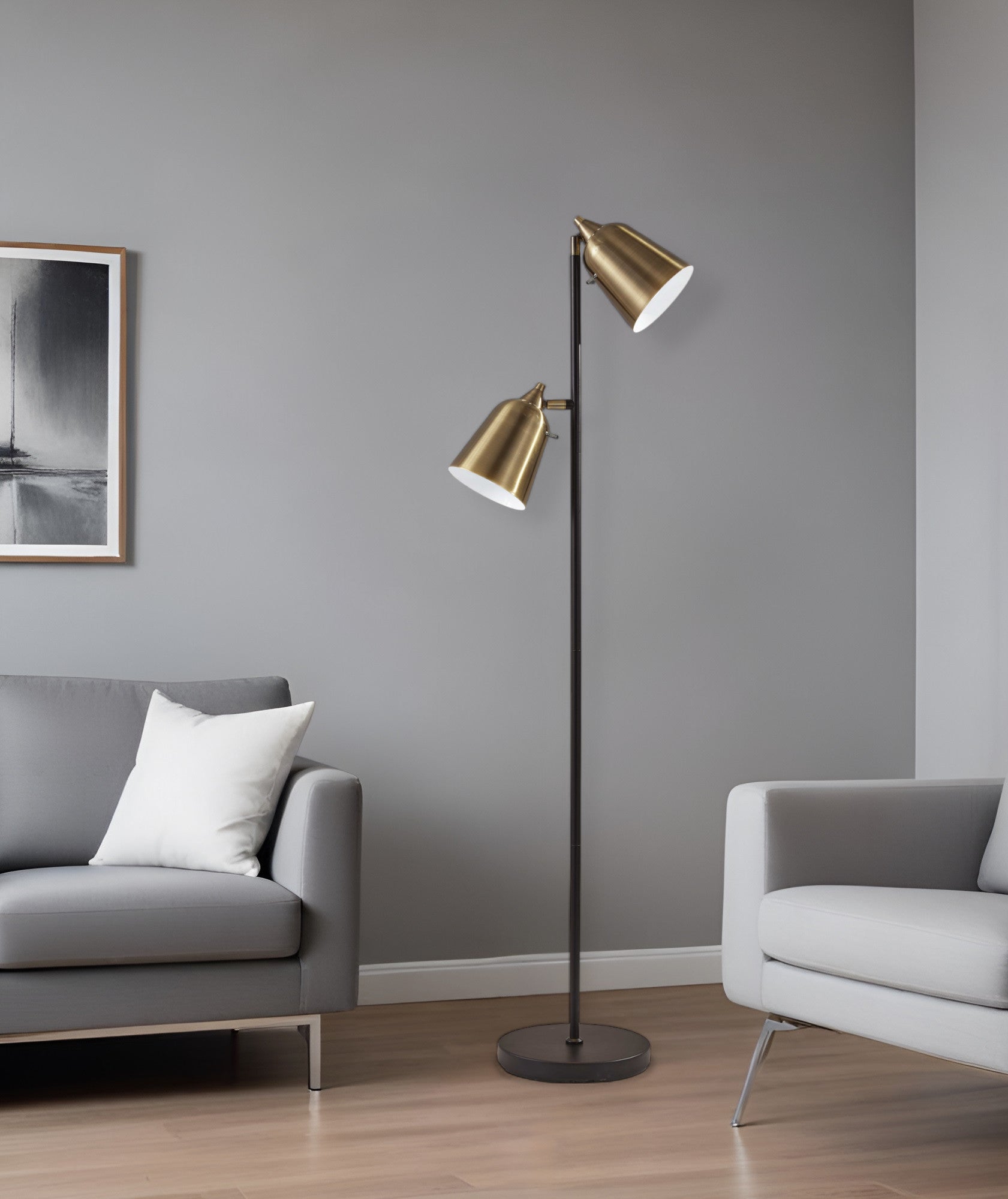 58" Black Two Light Task Floor Lamp With Antiqued Brass Metal Cone Shade-Floor Lamps-DECOROLALA