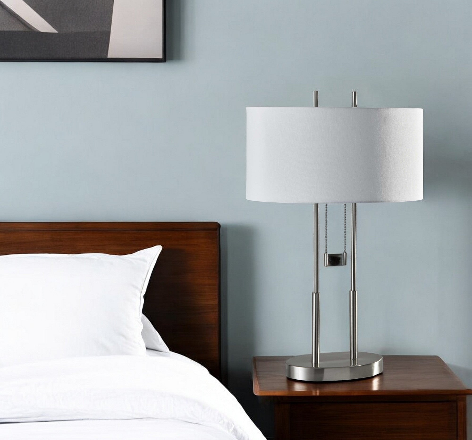 27" Silver Metal Two Light Bedside Lamp With Off White Drum Shade-Table Lamps-DECOROLALA