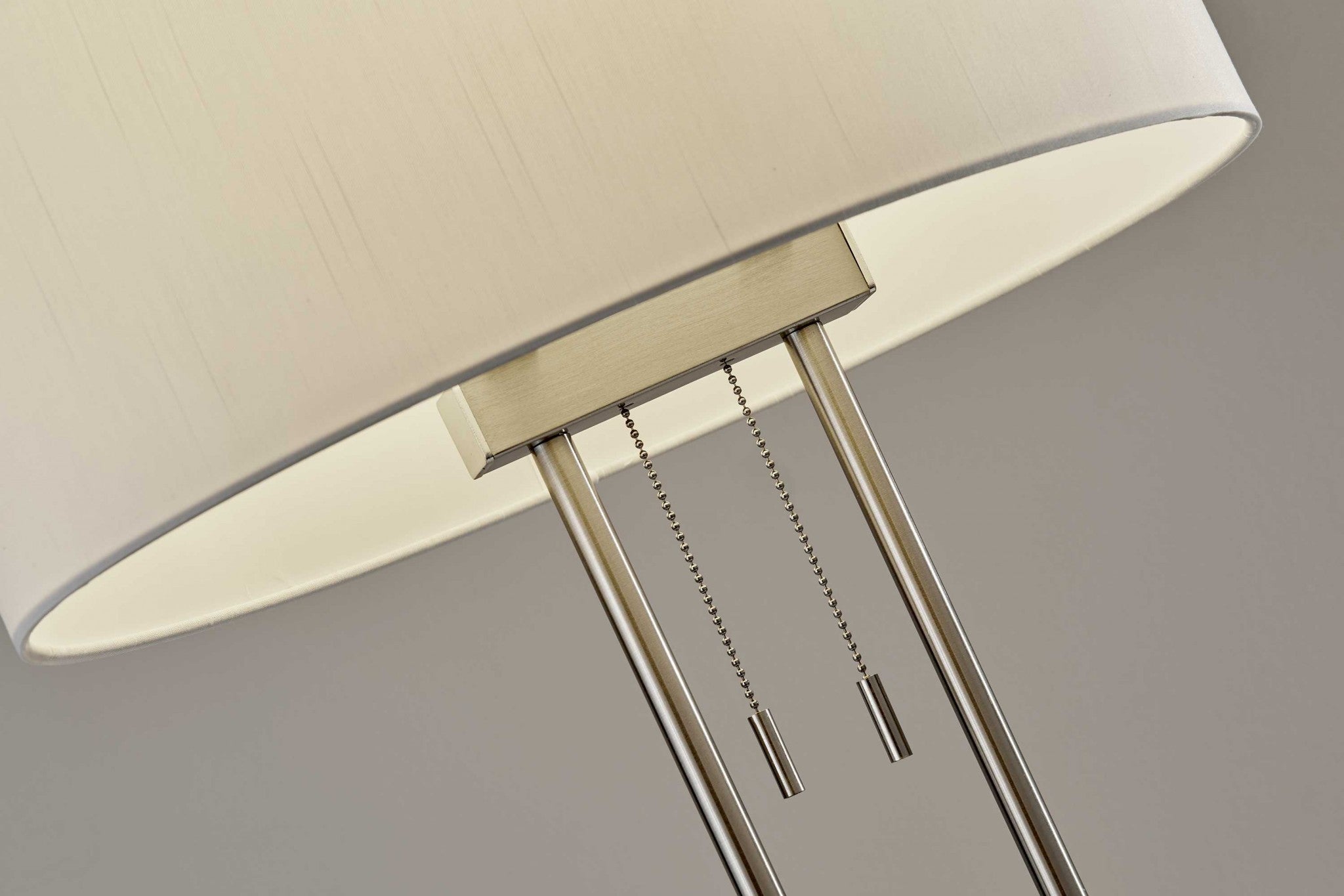27" Silver Metal Two Light Bedside Lamp With Off White Drum Shade-Table Lamps-DECOROLALA