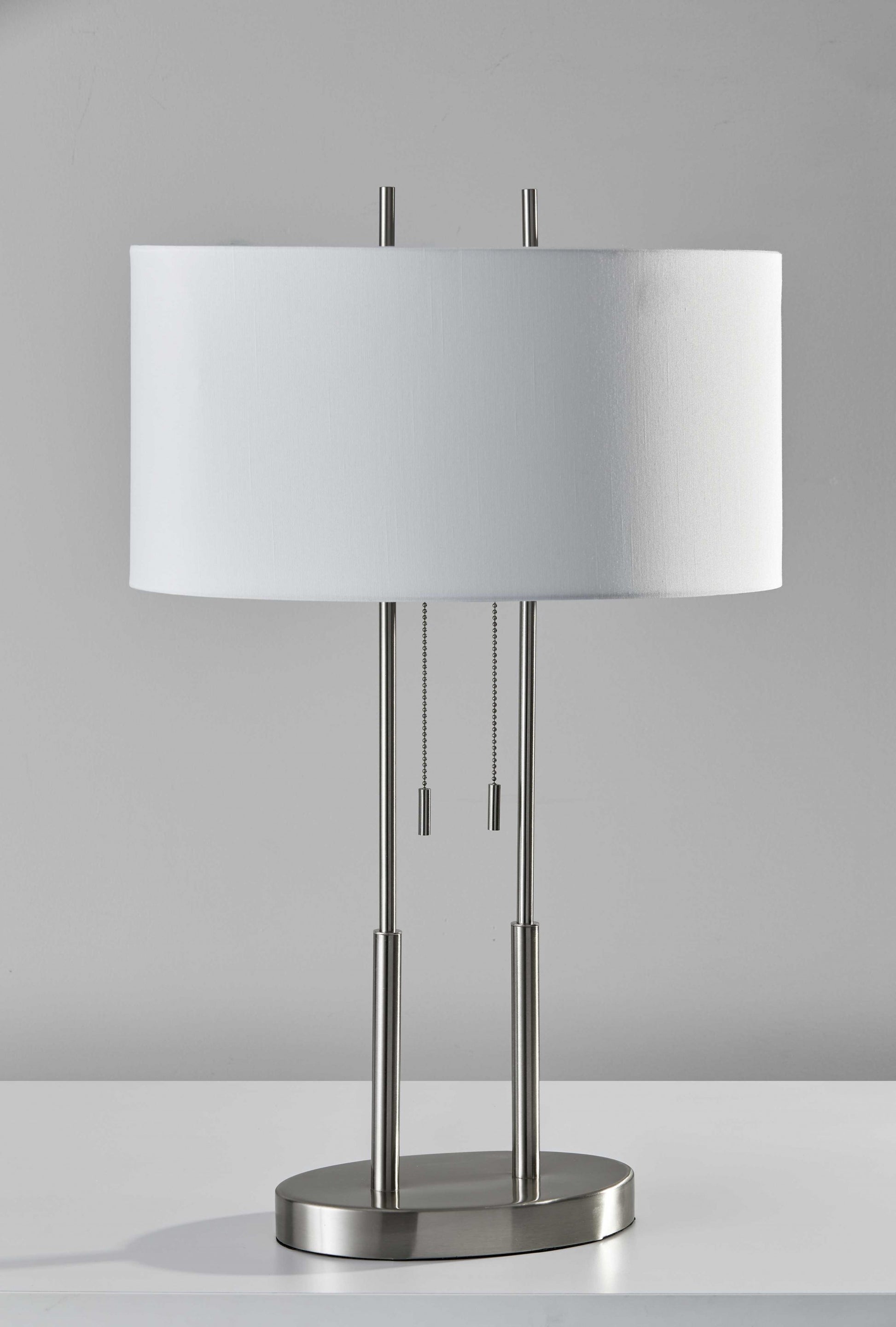 27" Silver Metal Two Light Bedside Lamp With Off White Drum Shade-Table Lamps-DECOROLALA