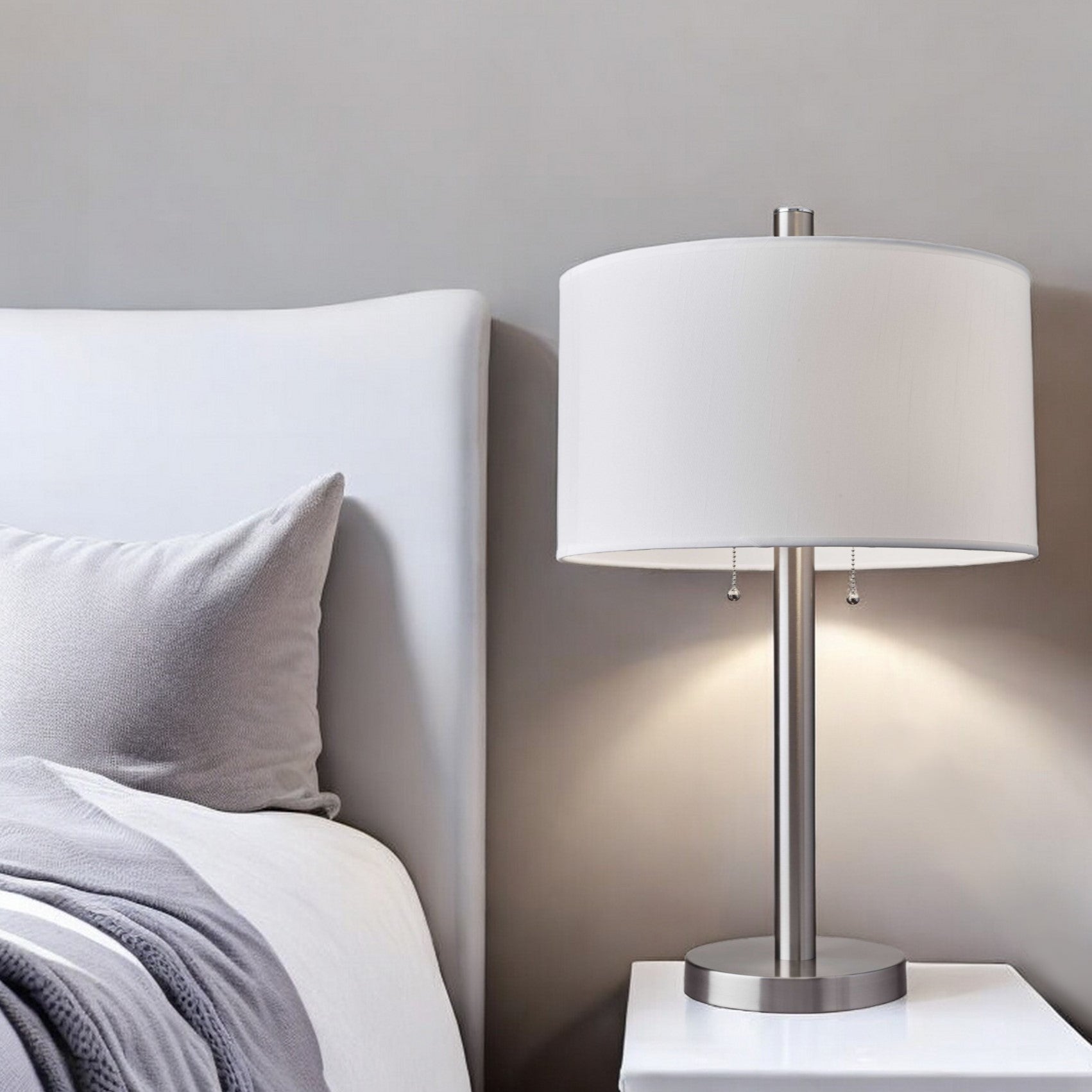 28" Silver Metal Two Light Bedside Table Lamp With White Drum Shade-Table Lamps-DECOROLALA