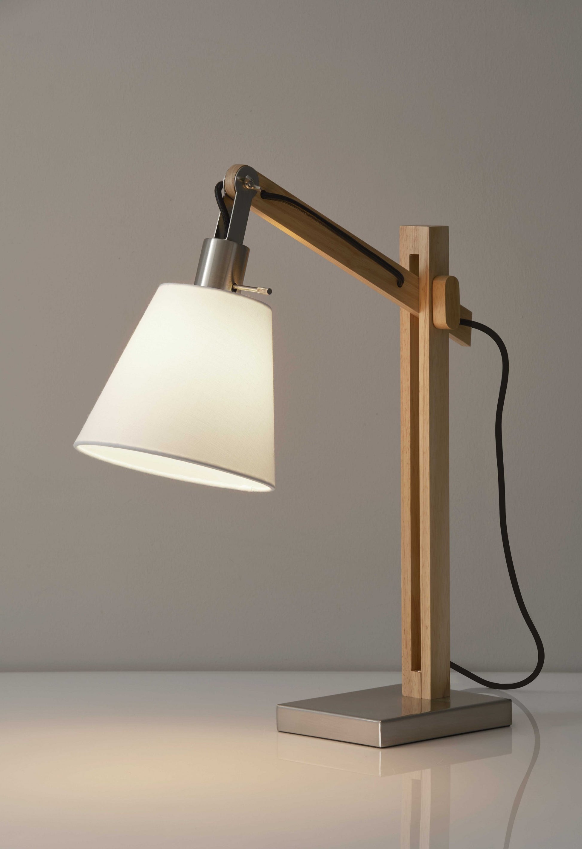 25" Natural Wood Adjustable Height Table Lamp With White Bell Shade-4