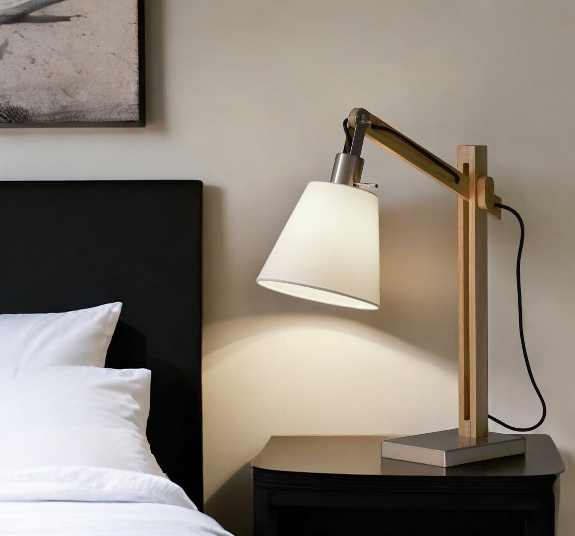 25" Natural Wood Adjustable Height Table Lamp With White Bell Shade-0